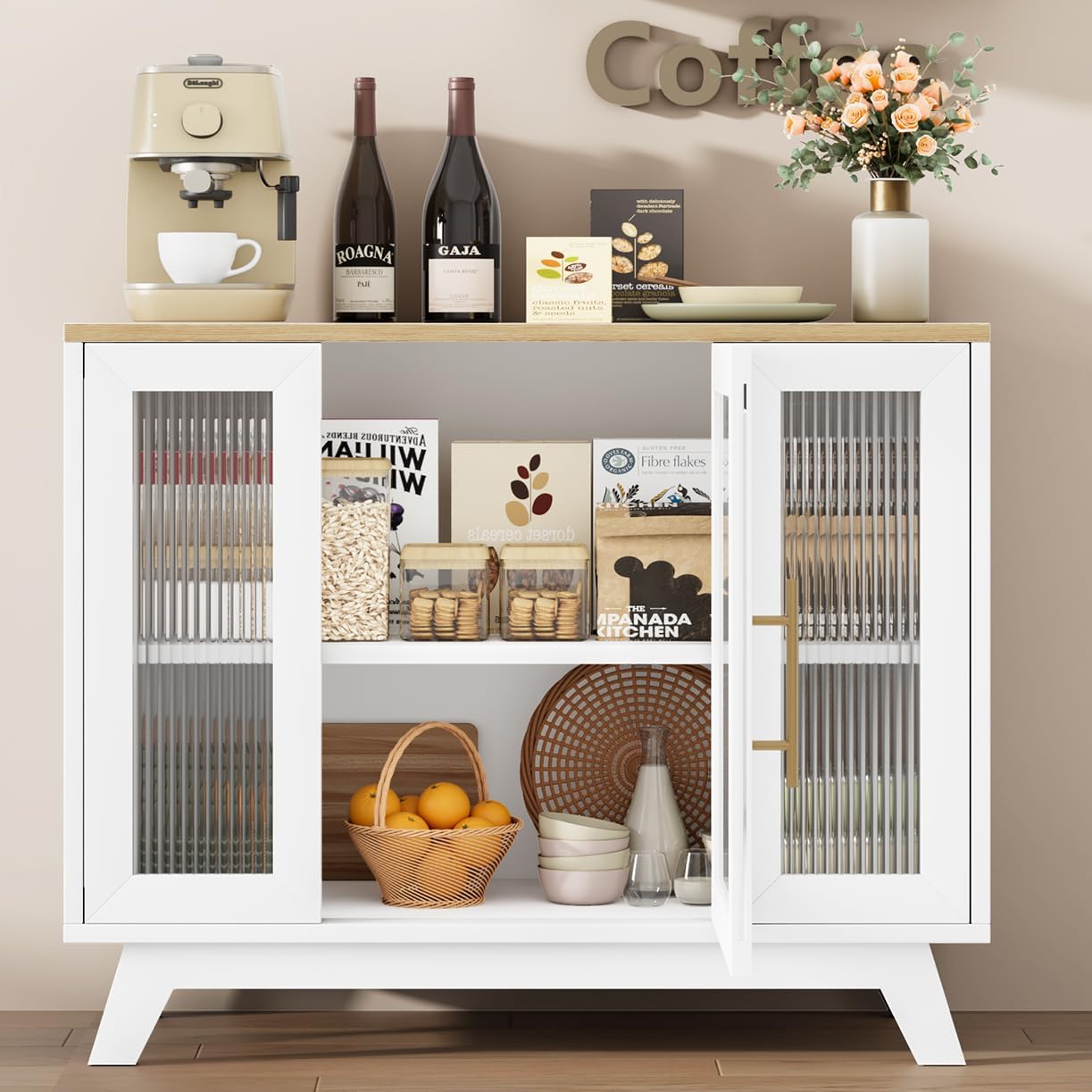 CABIHOME Buffet Cabinet, 36" Sideboard Buffet Storage Cabinet with Adjustable Shelves and Fluted Glass Door, Modern Coffee Bar, Table for Kitchen, Dining Room, Natural