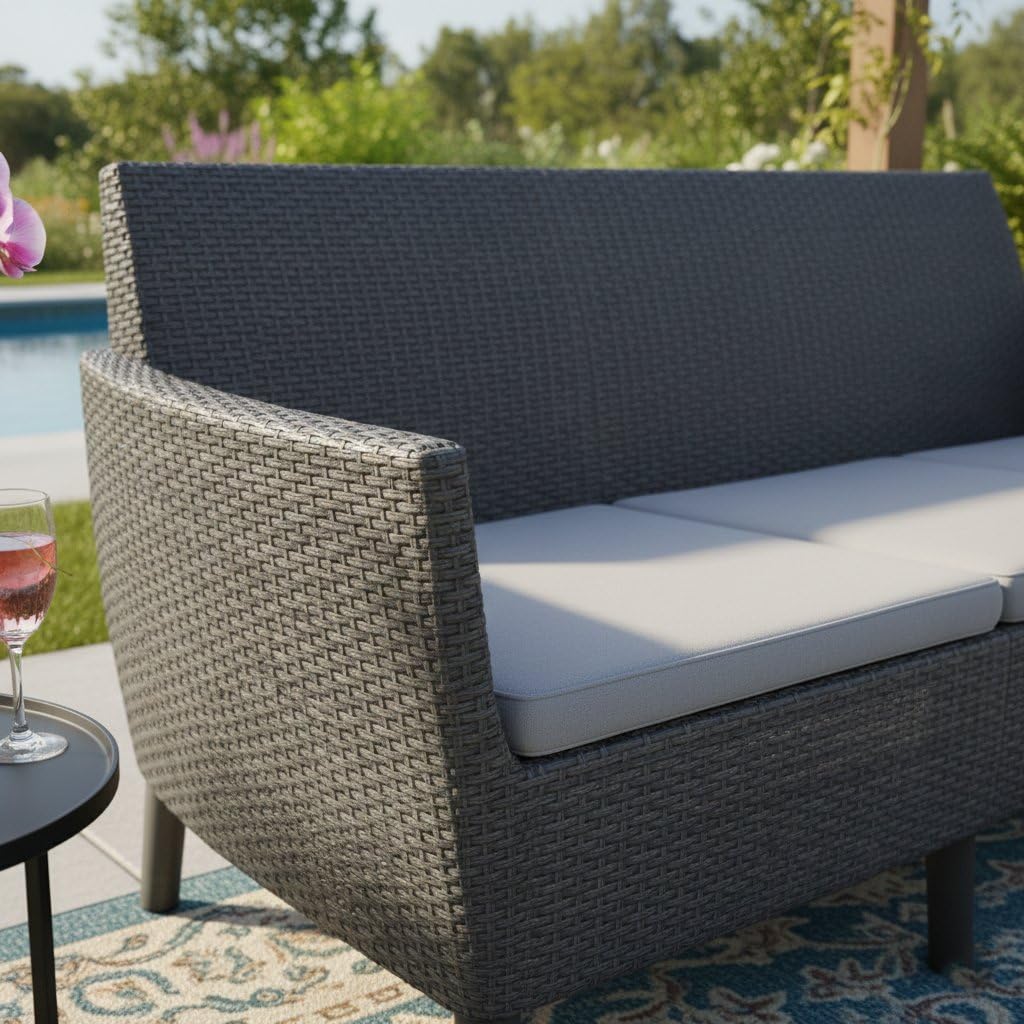 Dmora Divano da Esterno Tufino 66.5x187 cm Nero Antracite 3 Posti Resistente ai Raggi uv, Cuscini Inclusi