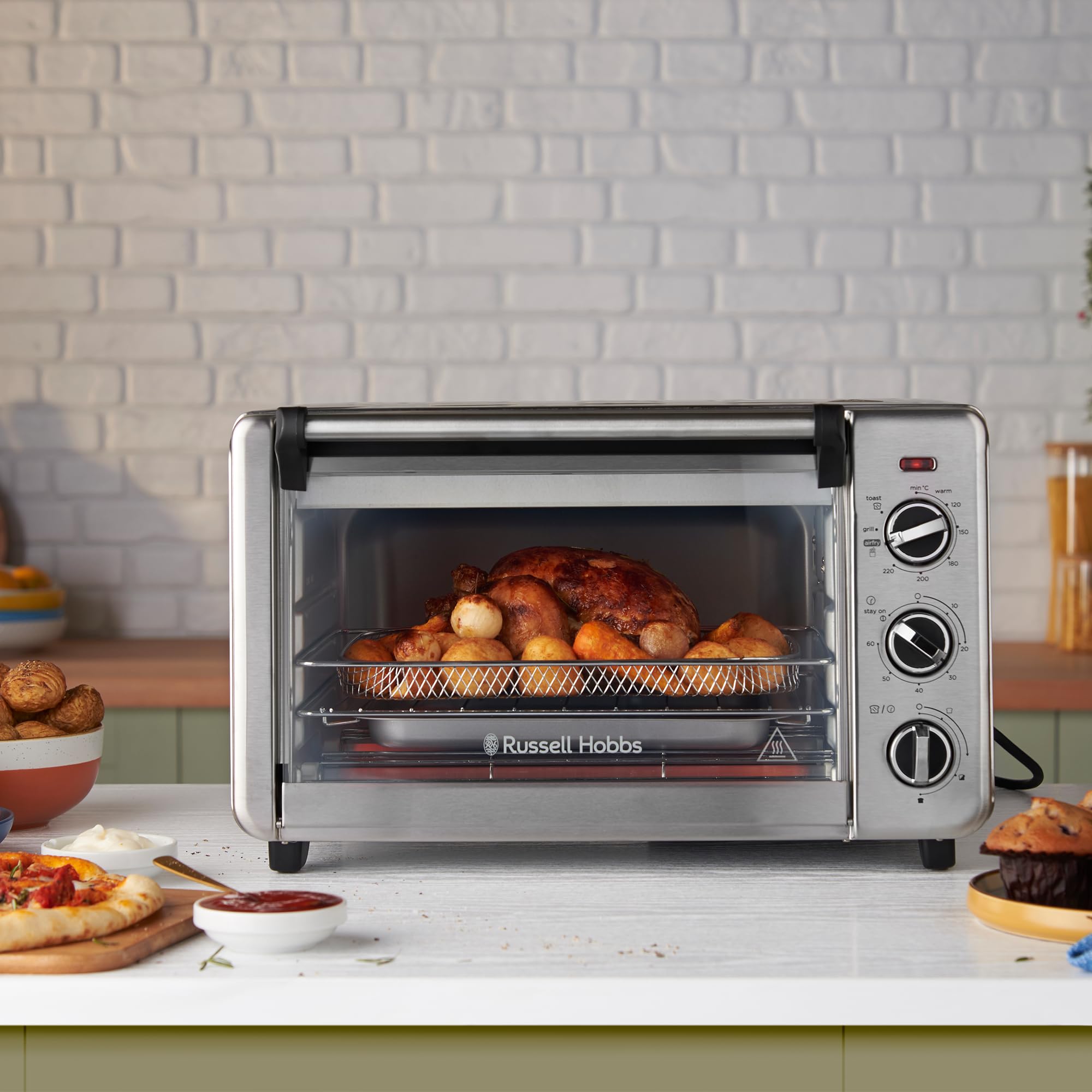 Russell Hobbs Fornetto Elettrico Multifunzione 5-in-1 - Friggitrice ad aria calda, Mini forno, grill, Tostapane, Funzione riscaldamento - 20 l, pizza 30 cm, Cestello, Teglia, Griglia, 26680-56