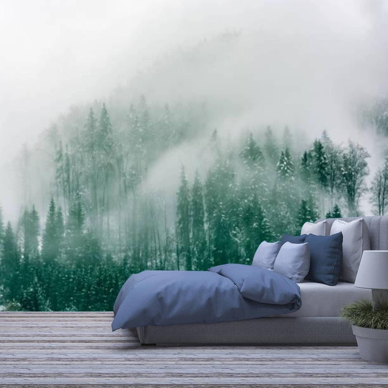 Papier peint panoramique 3D forêt de sapins en haute définition pour intérieur de café moderne