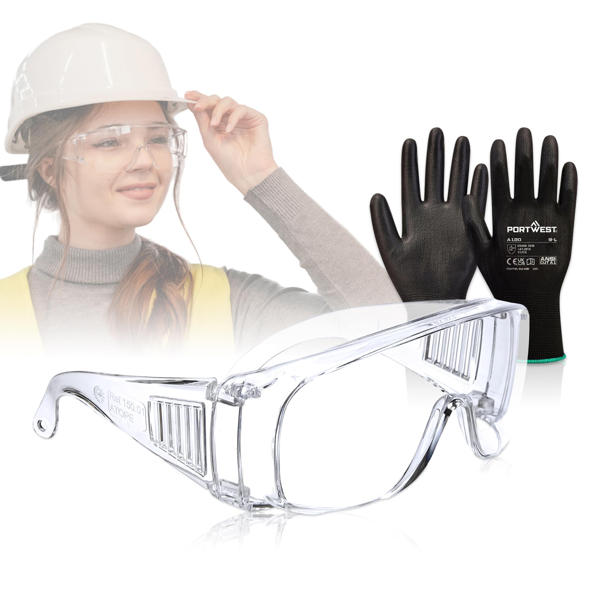 JOY & EMOTION Pack de Gafas proteccion trabajo y guantes trabajo hombre-Gafas de seguridad trabajo-Gafas de proteccion trabajo-Gafas laboratorio Química y Gafas protectoras trabajo-Guantes negros