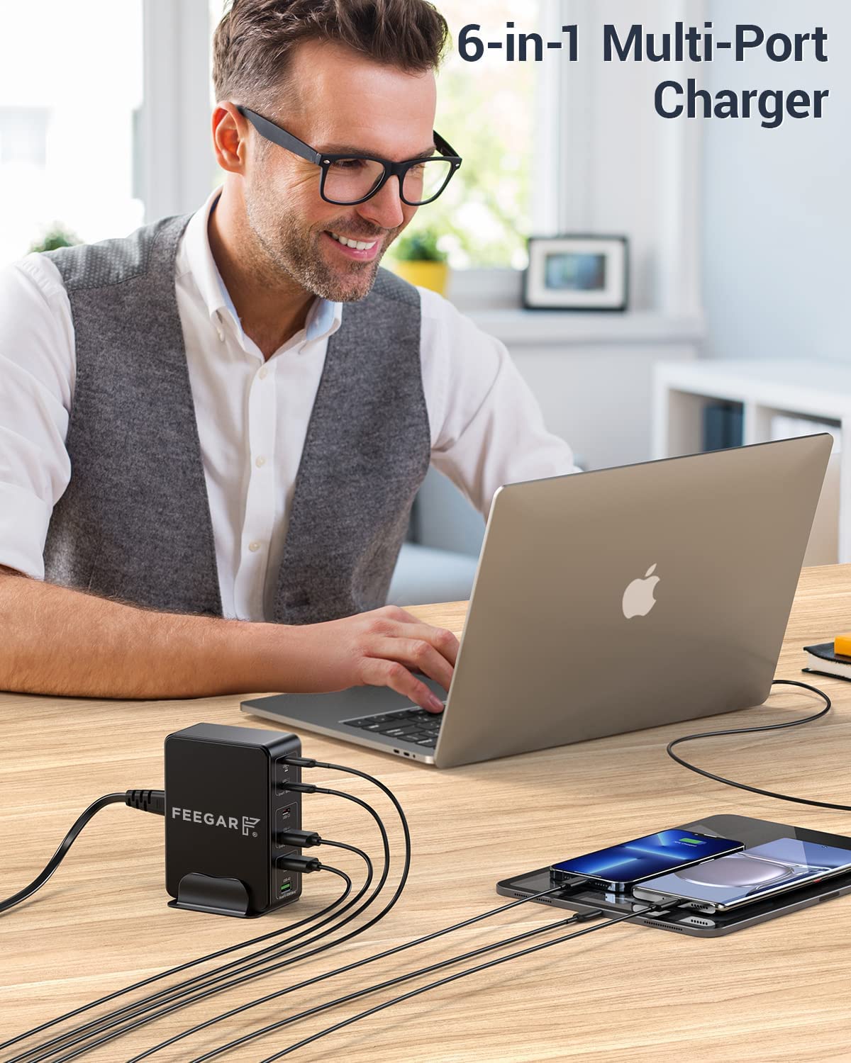 Stacja ładująca Feegar Tower PRO 140W USB 6-portowa ładowarka sieciowa na biurko, przenośna wieloportowa ładowarka USB z 6 USB-A i USB-C PD PPS Quick Charge QC 3.0.