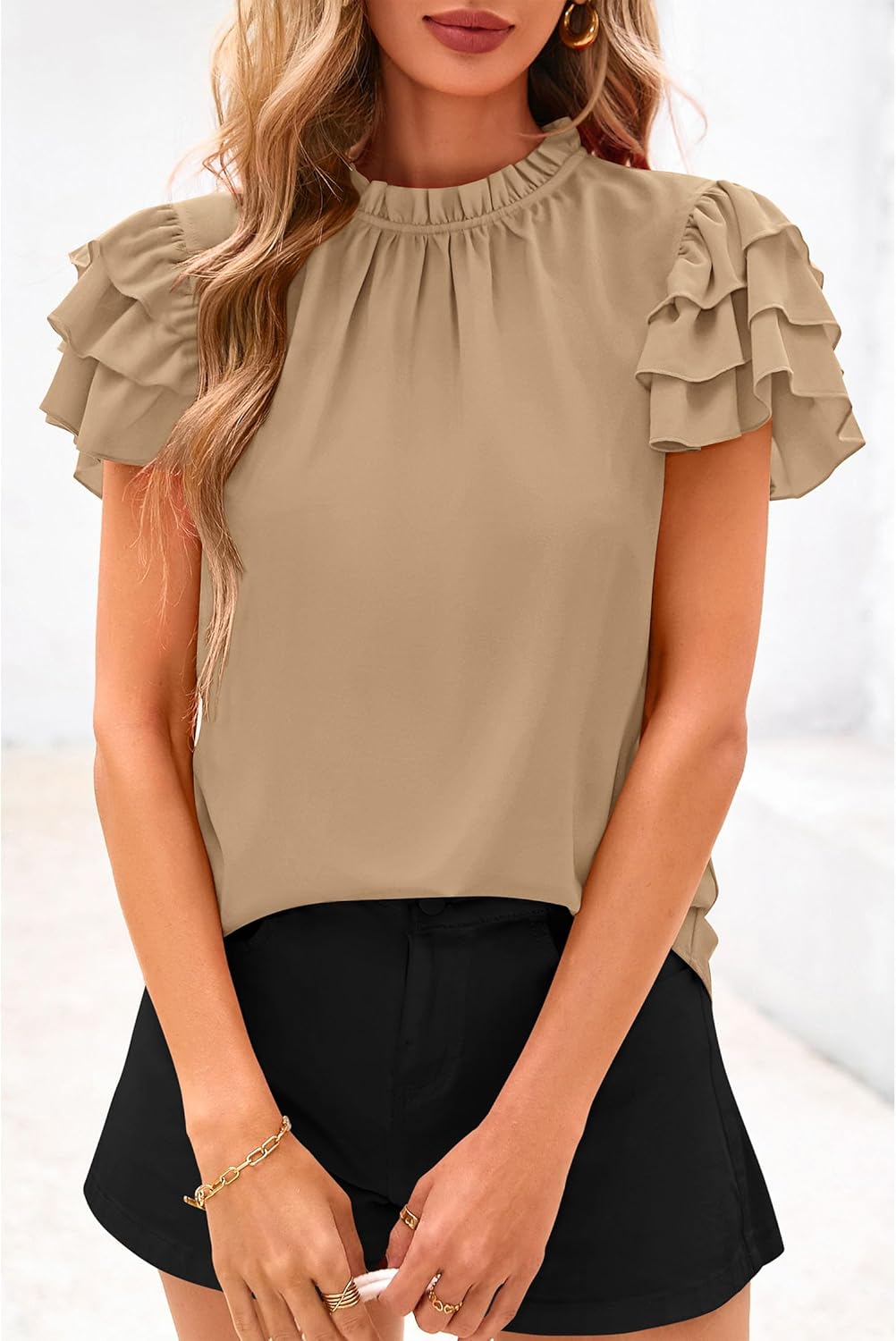 KIRUNDO Blouses for Women Dressy Casual 2026 Spring Summer Ruffle Short Sleeve Mock Neck Work Shirts Tops Fashion Clothing - Image 3