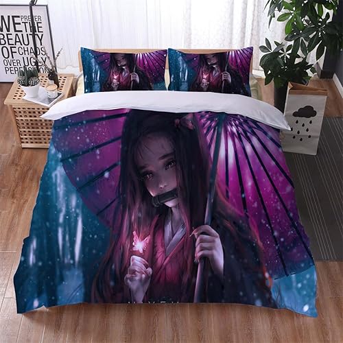 Anime Demon Slayer - Juego de ropa de cama tamaño Queen de 3 piezas, para adolescentes, niños y niñas, 1 funda de edredón + 2 fundas de almohada