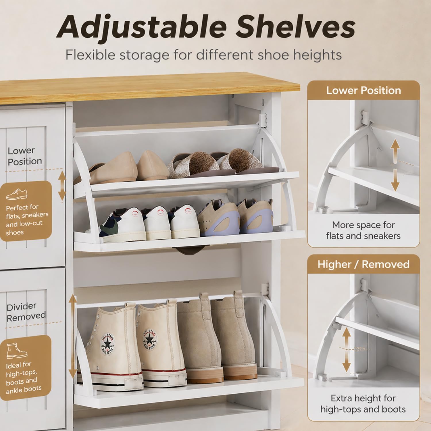 Shoe Storage Cabinet for Entryway, 16-24 Pairs Farmhouse Slim Shoe Cabinet with 4 Flip Drawers, Adjustable Shelves & Anti-Tipping Freestanding White Shoe Organizer for Small Space Hallway Apartment