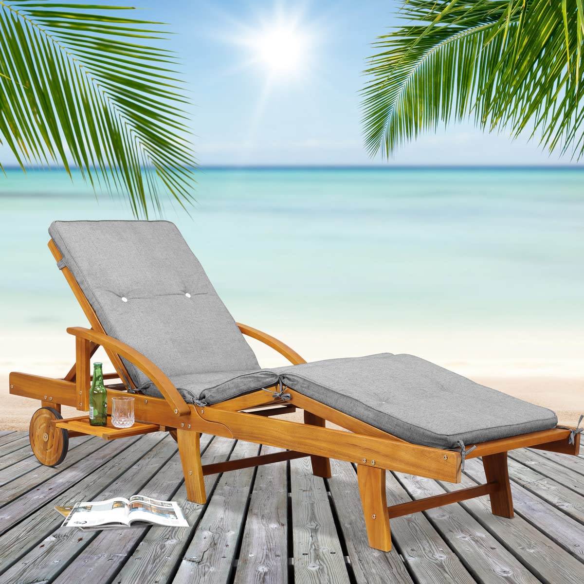 CASARIA® 2x Tumbonas Plegables Exterior Madera Acacia Silla Reclinable Jardín Respaldo Ajustable Reposabrazos Mesa Extensible 2 Ruedas Resistente Intemperie Carga 160Kg
