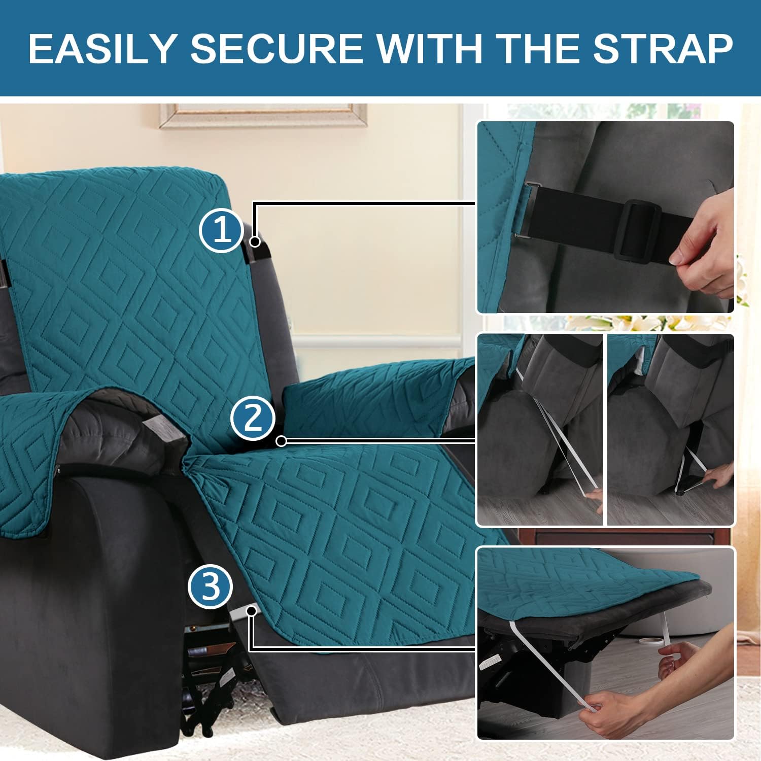 H.VERSAILTEX Reversible Quilted Recliner Covers Water Resistant Furniture Protector for Reclienr Chair with Elastic Straps for Pets Kids Sitting Width Up to 22"(Recliner, Dark Teal/Beige)