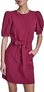 Women's Short Puff Sleeve Round Neck Tie Belt Sheath Mini Dress