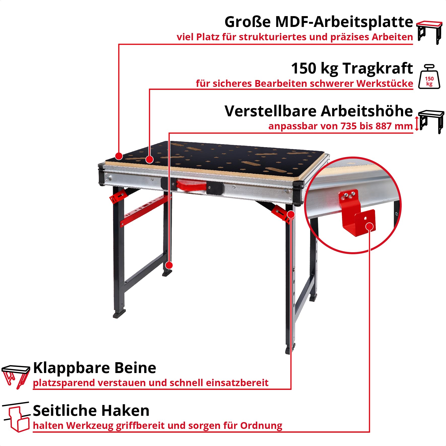 kwb Werktisch faltbar (847 x 600 x 900 mm, höhenverstellbar 735–887 mm, 150 kg Tragkraft, MDF-Arbeitsplatte, Aluminiumrahmen, Faltbare Beine, Tragegriff, 2 seitliche Haken)