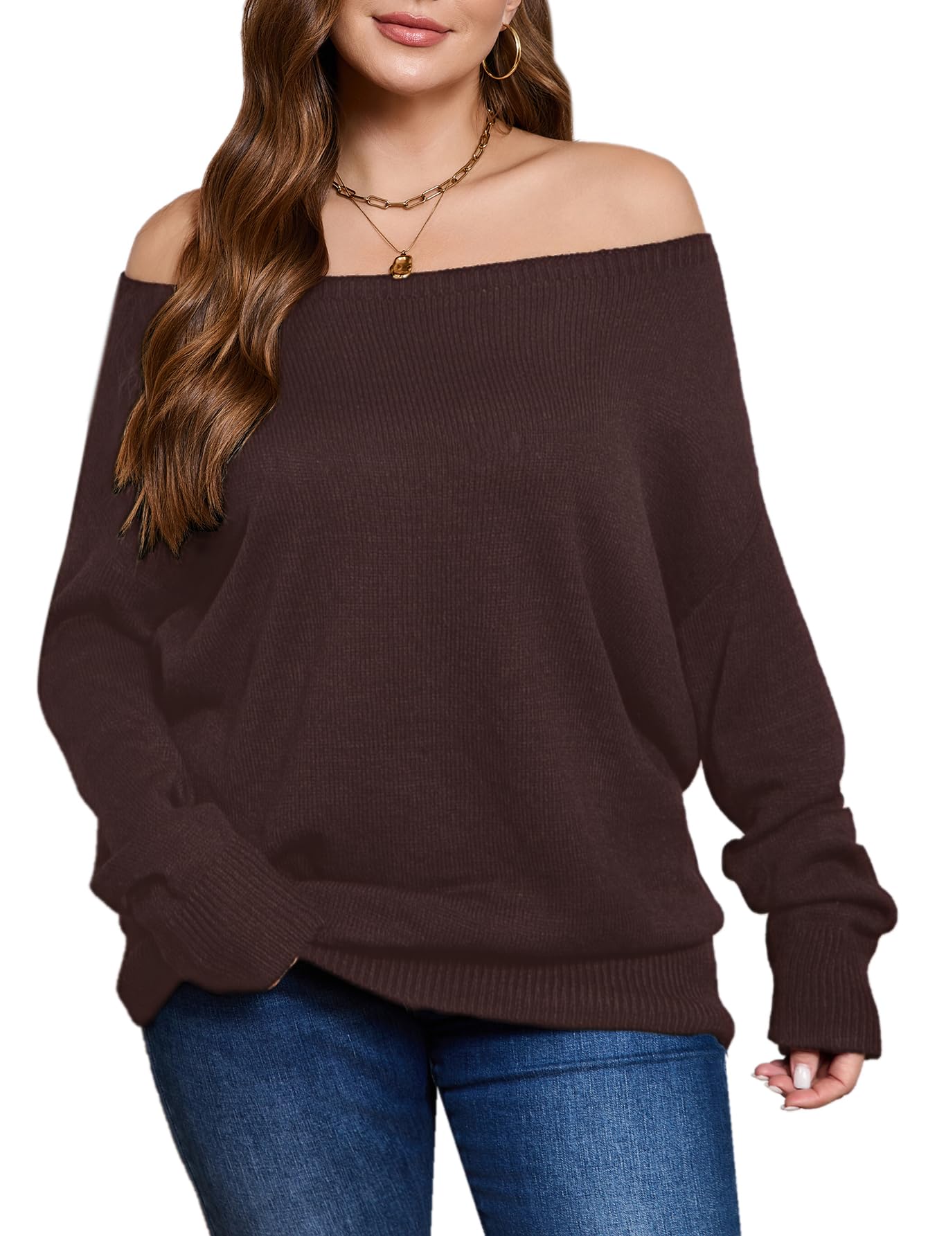 SOLY HUX Womens Plus Size Sweater Off Shoulder Long Sleeve Fall Sweaters Loose Lightweight Pullover Tunic Tops