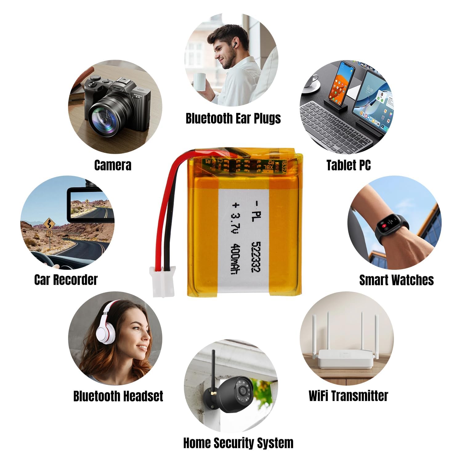 3.7V Lipo battery, 3.7V 400mAh 522332 Lithium Polymer Ion with 2P-PH connection with 2.0 mm pitch — view 5
