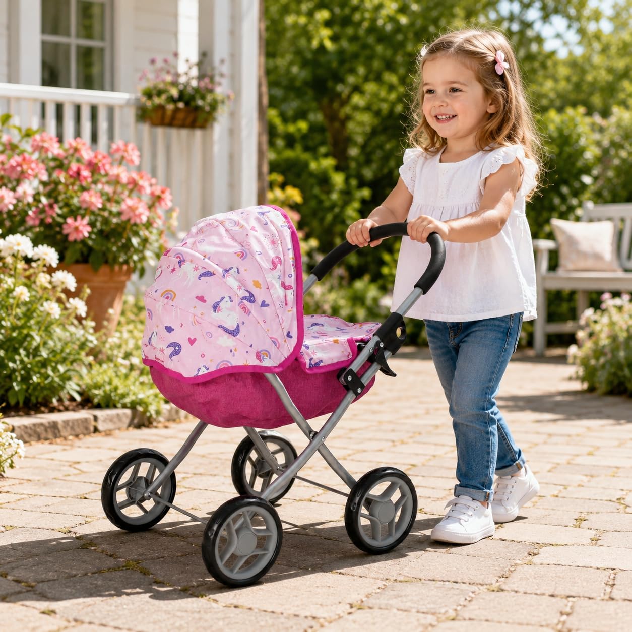 Bayer Chic 2000 - Passeggino per bambole Lilli, piccolo passeggino per le bambole più giovani, unicorno, rosa, 550-75