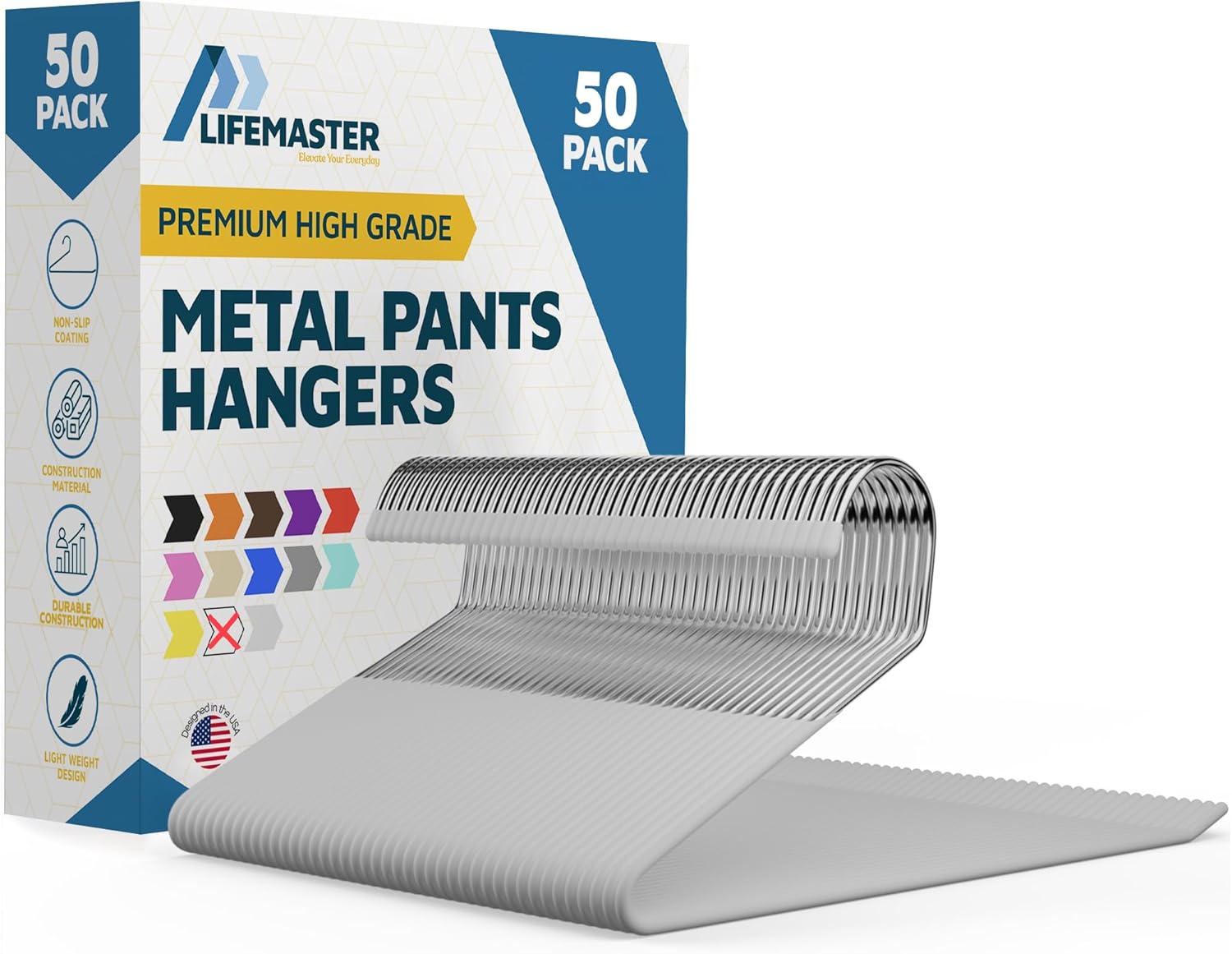 Metal Pants Hanger Set - 50 Pieces Elegant Non-Slip Closet Space Saving Hanger Set for Pants, Trouser, Blankets, and Jeans with Open Ended Sleek Design - White