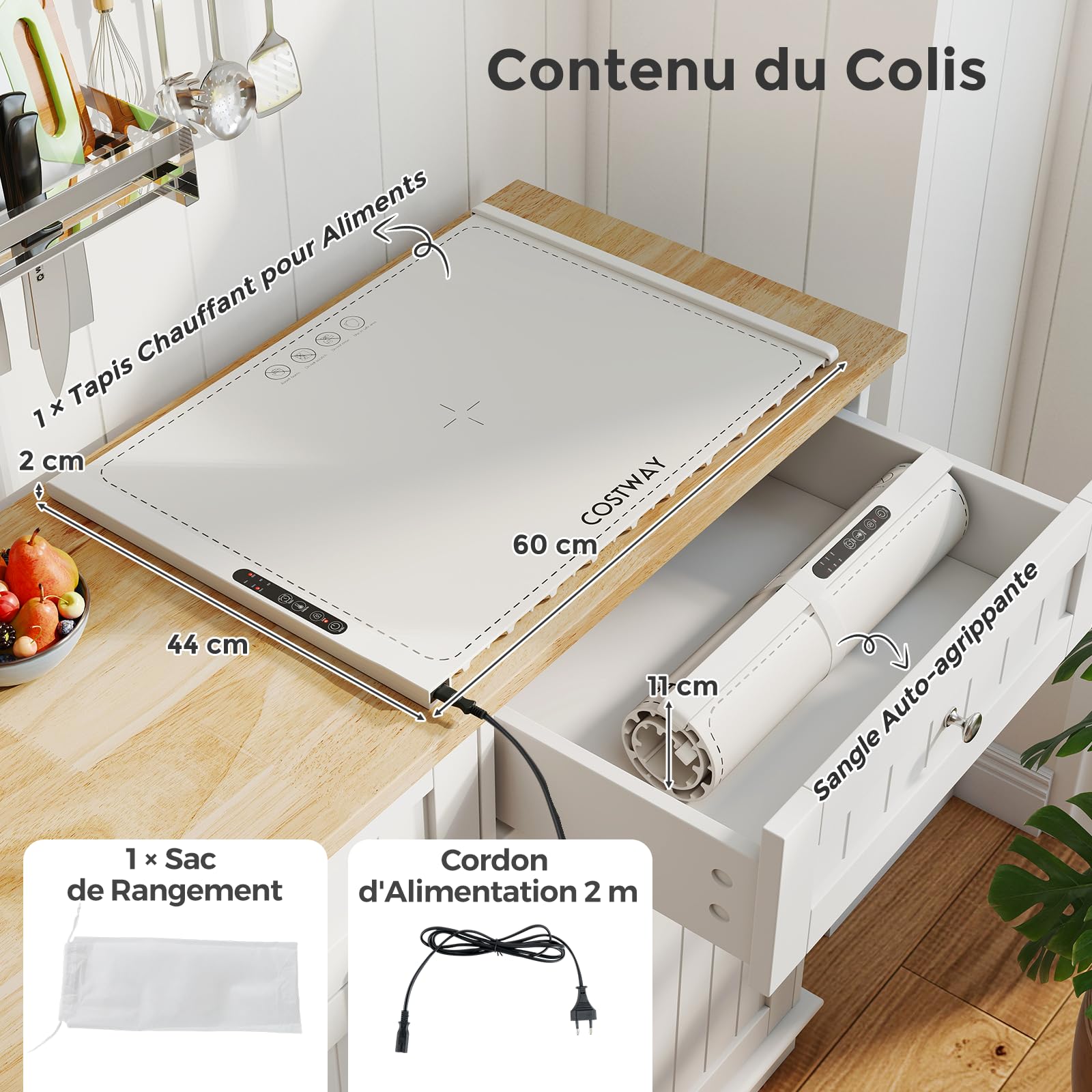 COSTWAY Chauffe Plat Électrique Pliable, Tapis Chauffant en Silicone pour Aliments, Plateau Chauffant Portable avec Température et Minuterie Réglables, pour Fêtes, Buffets, Réunions (Blanc)