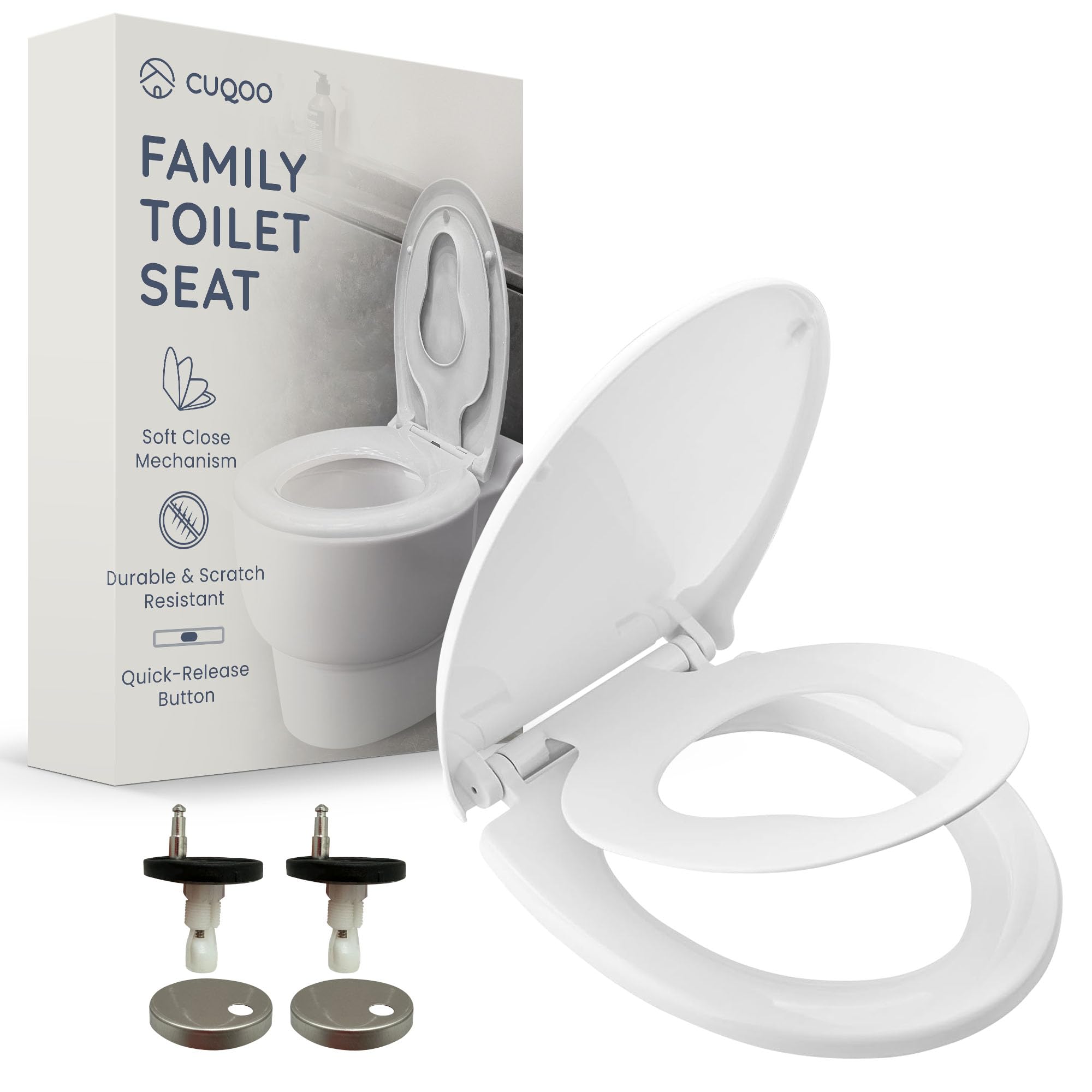 cuqoo soft close family toilet seat - oval shaped, scratch-resistant with detachable child seat - quick release function for easy cleaning, universal fit for kids & adults