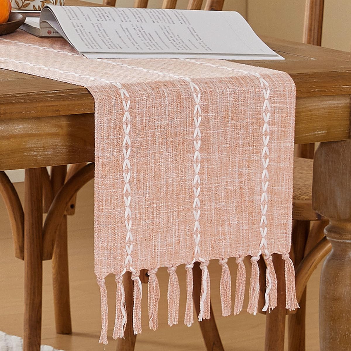 Wracra Rustic Fall Table Runner Farmhouse Style Table Runners 108 inches Long Autumn Table Runner with Hand-Tassels for Thanksgiving, Party Decor and