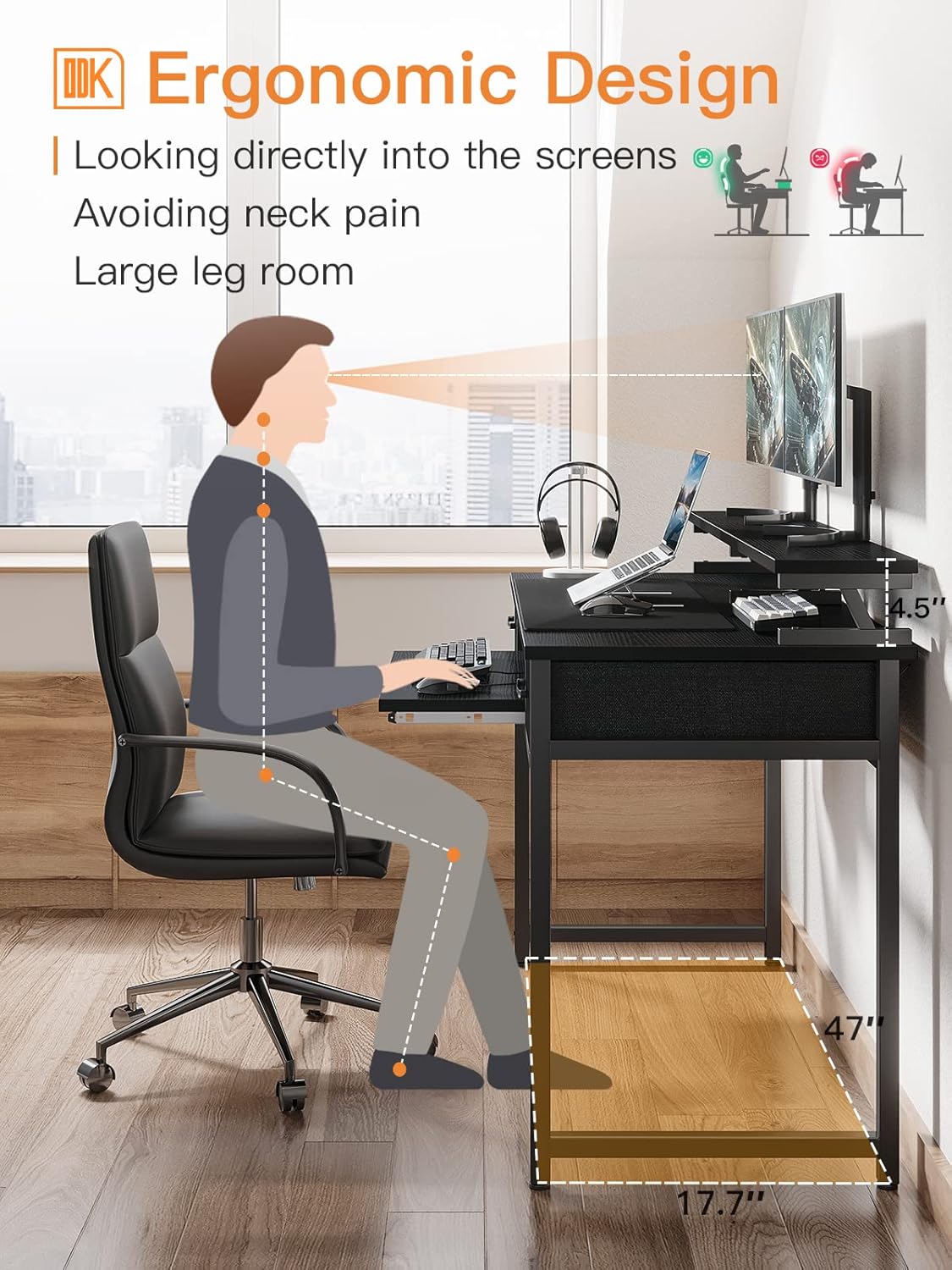 Diagram illustrating the ergonomic benefits of the ODK Computer Desk's monitor shelf