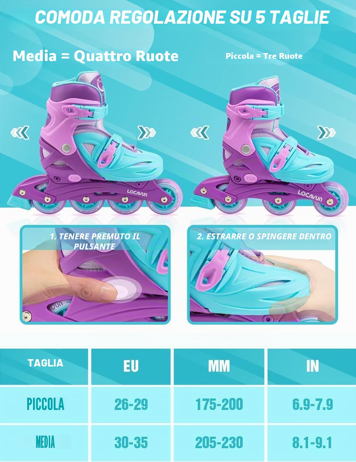 Pattini in linea 4 misure regolabili ruote PU 82A per bambini