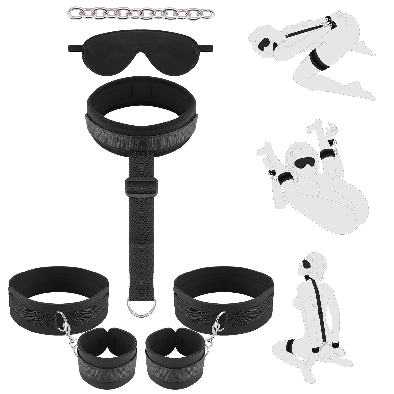 Bondage Restraint BDSM Sex Toys - Wrist Thigh Cuffs BDSM Restraints Set with Adjustable Neck to Wrist Strap