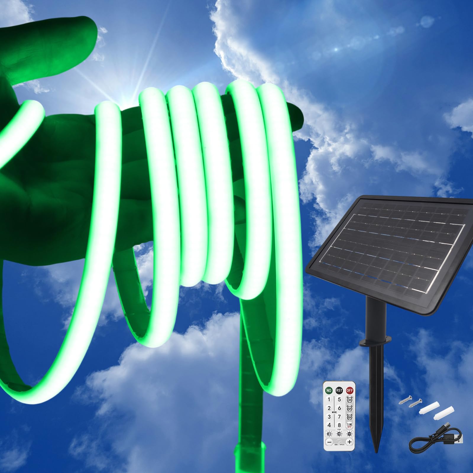KISUFU 24V Solar LED Strip Lights Outdoor, 320 LEDs/M IP68 Waterproof Cuttable Self-Adhesive Rope Light with 7200mah 8 Modes Battery Box Remote Control for Porch Gazebo Yard Trees Garden Decor.