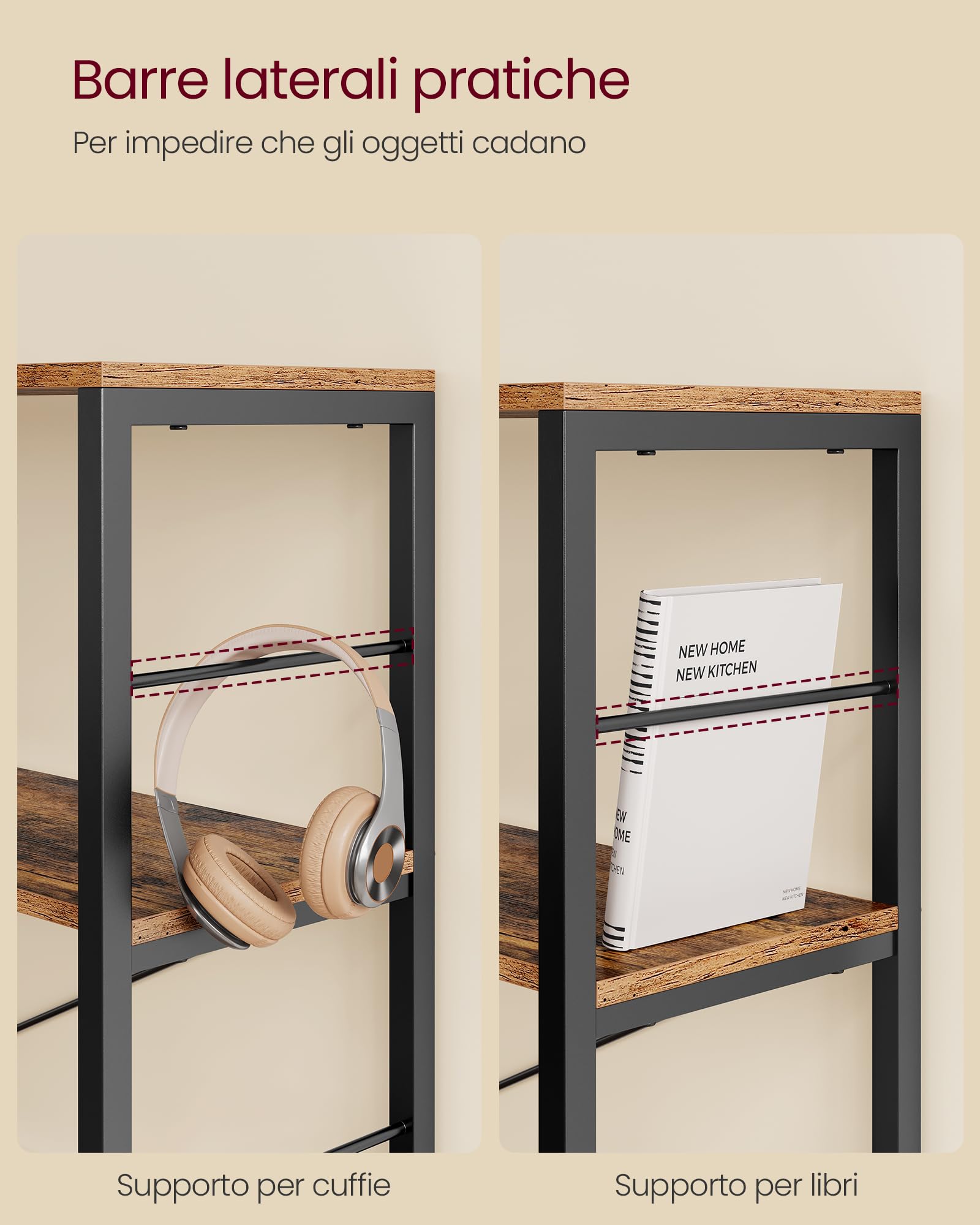 VASAGLE Libreria a 4 Livelli, Scaffale Portaoggetti, 30 x 120 x 109,4 cm, Stile Industriale, per Soggiorno, Studio, Balcone, Cucina, Marrone Vintage e Nero Inchiostro LLS131K01