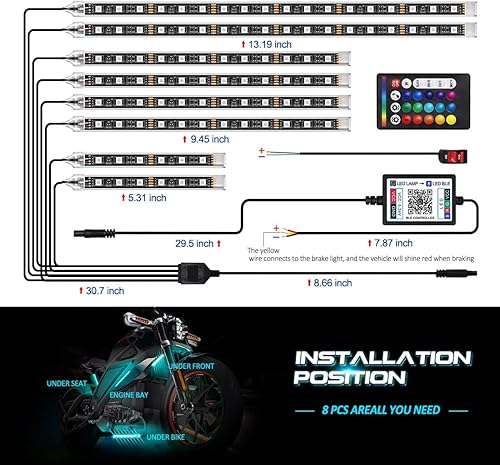 Miniatura 4 de Kit de 8 luces LED bajo tierra para motocicleta, tira de luces LED RGB con modo de música, luz de freno multicolor y función de protección de