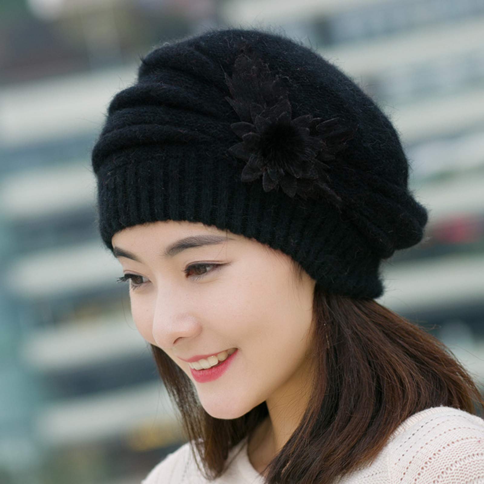 Zimowa Ciepła Czapka Moda Damska Kwiatowa Dzianinowa Szydełkowa Czapka Zimowa Ciepła Czapka Beret Beret Czapka Z Szalikiem/Black/One Size