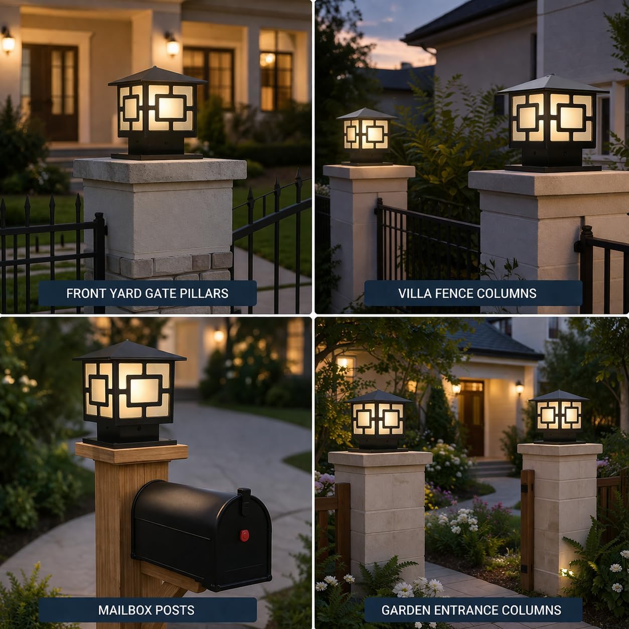 Outdoor Post Light, Modern Aluminum Glass Pillar Lamp for Gate Posts and Columns, Waterproof Exterior Pier Mount Light Fixture, Fits E26 Base Bulb, Black