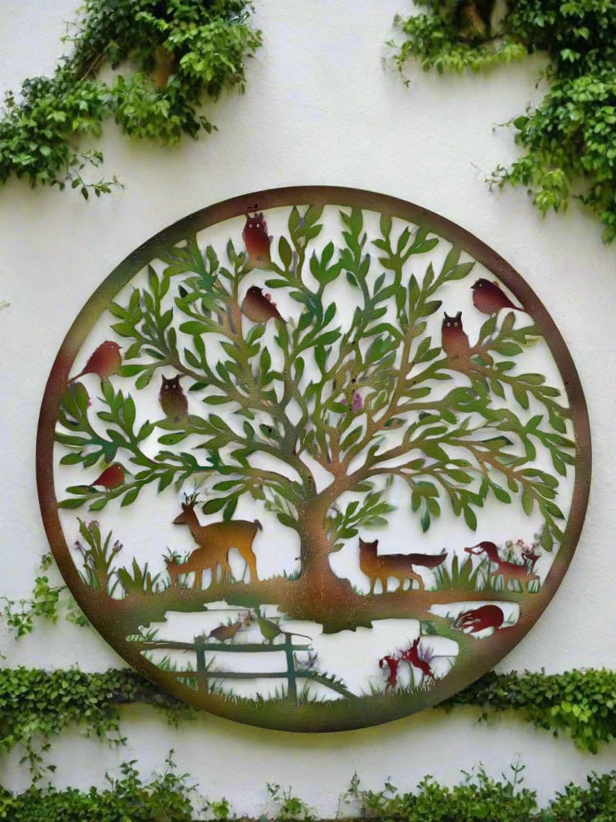 Marissa's Garden & Gift Peeling Handmade Rusty 60Cm Wall Plaque Of Woodland Animals Tree Wall Plaque, Rusted Aged Metal With Coloured Effect, Garden Wall Art Wall137