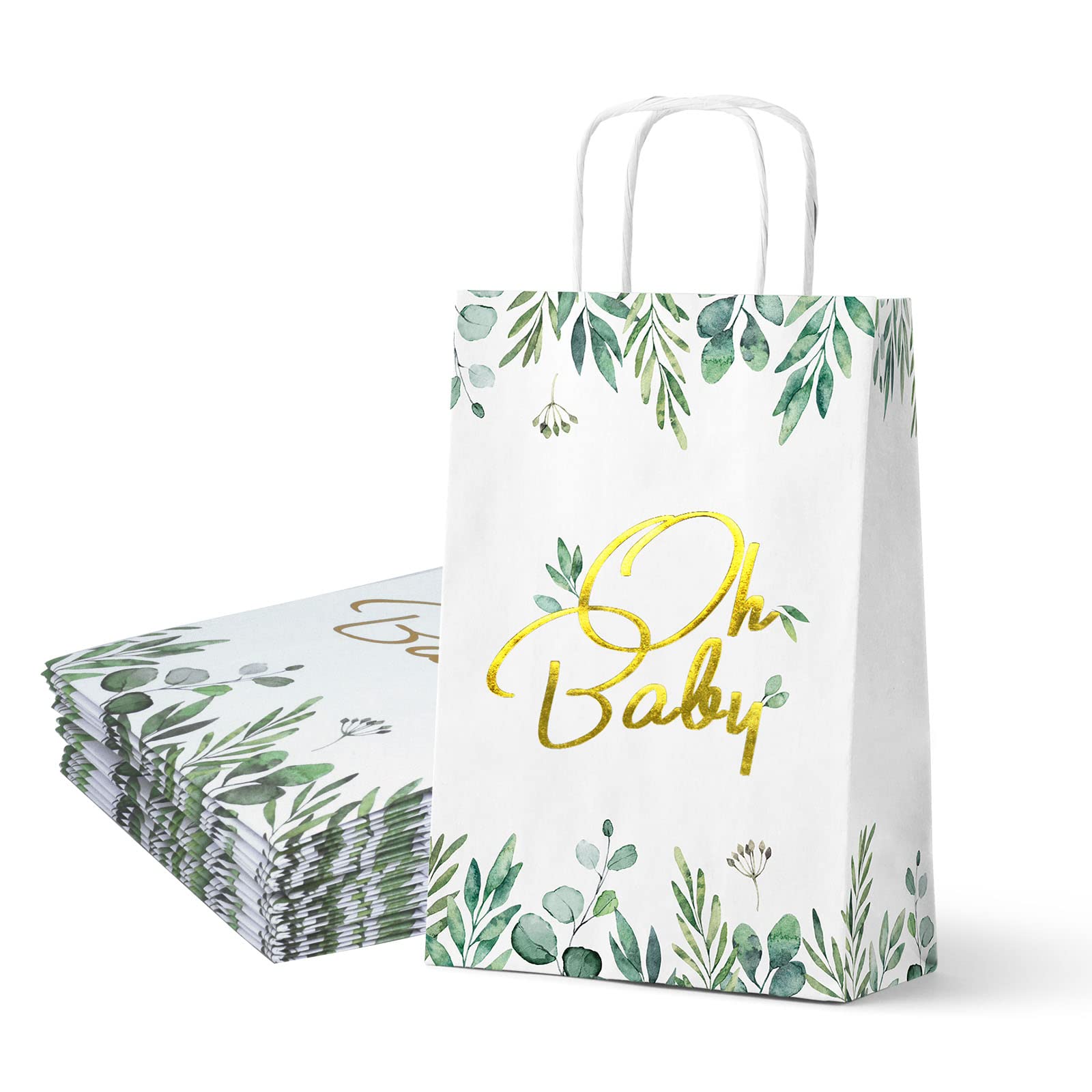 16 Pcs Greenery Eucalyptus Oh Baby Paper Gift Bags With Handles Neutral Baby Shower Treat Paper Sack White Kraft Paper Bags, 5.25 * 3 * 8.5 inch