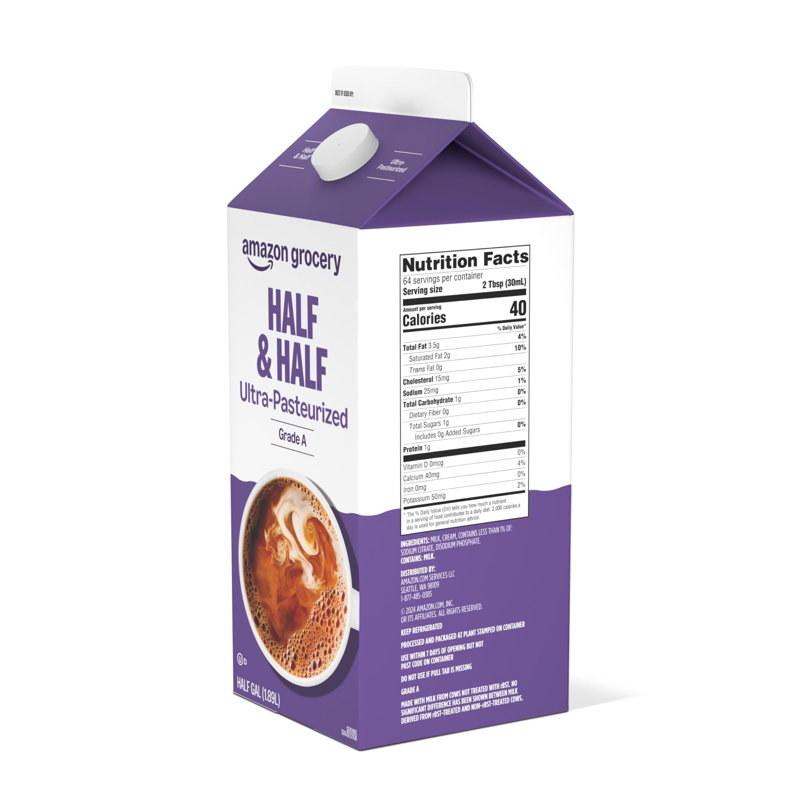 Amazon Grocery, Half & Half, Ultra Pasteurized, 64 Fl Oz