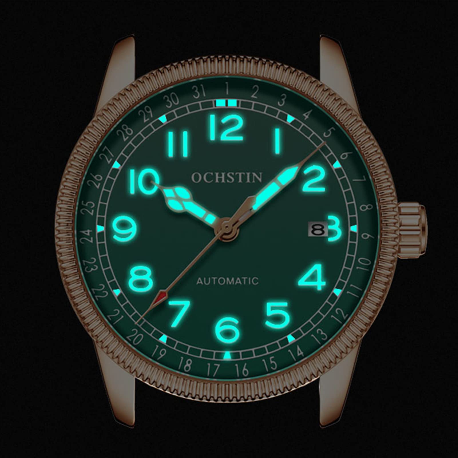 FORSINING Herren-Armbanduhr, automatisch, mechanisch, mit Lederband, modisch, Business, analog, Datumsanzeige, Uhren, wasserdicht, grün, Armband