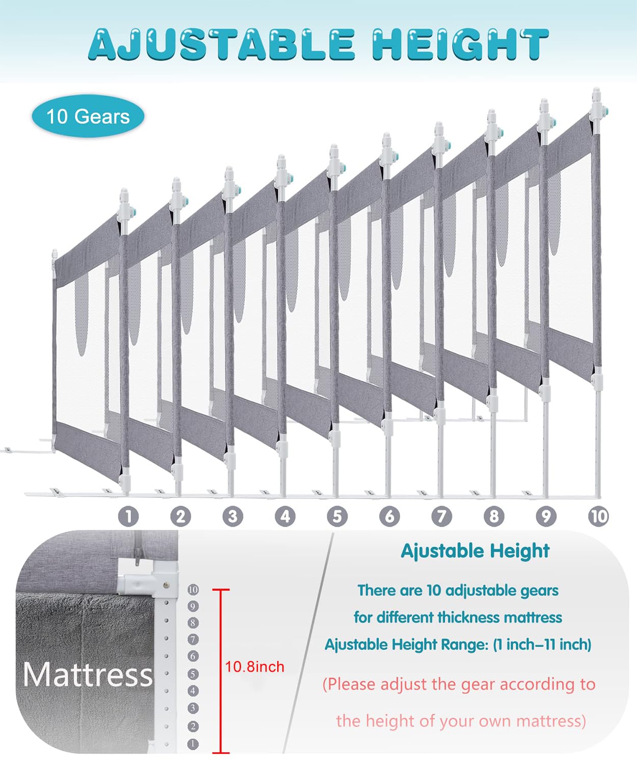 MBQMBSS Rieles de cama para niños pequeños – 60 pulgadas, 70 pulgadas, 80 pulgadas, protector de riel de cama de bebé extra largo con correa en Y para niños individuales, dobles, matrimoniales, tamaño