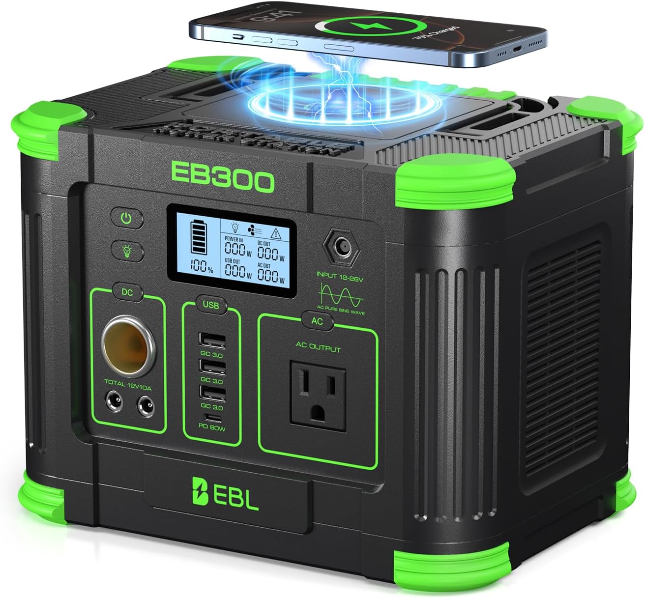 EBL Portable Power Station 300W 288.6Wh Solar Generator with 330W AC Outlet, SOS LED Light, Wireless/DC/USB-C Charging Backup Battery for Camping, Outdoor, Home Blackout, RV Travel