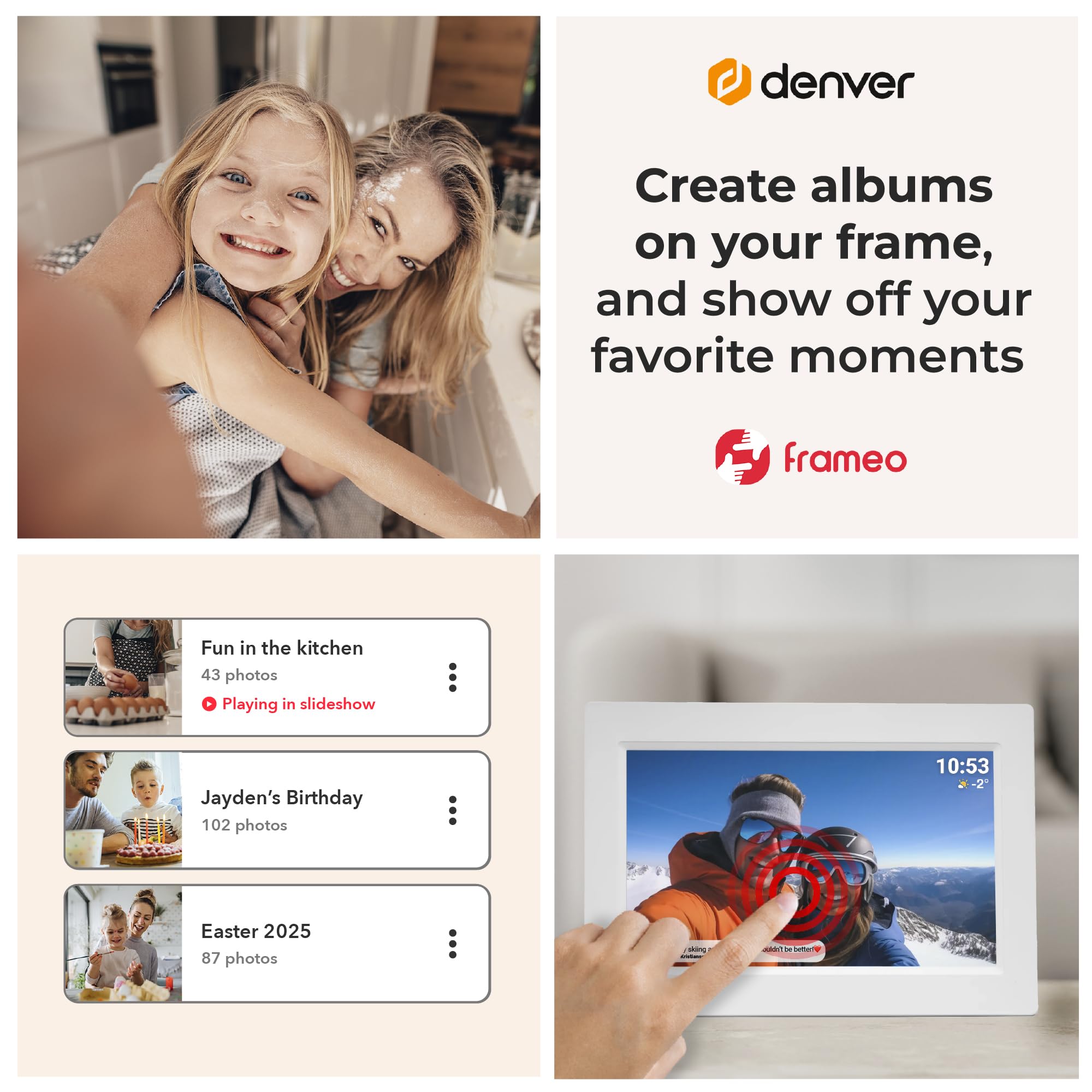 Denver Frameo Marco Digital WiFi 10,1 Pulgadas, Pantalla IPS táctil 1280 x 800, 16 GB, App Frameo, Color Blanco