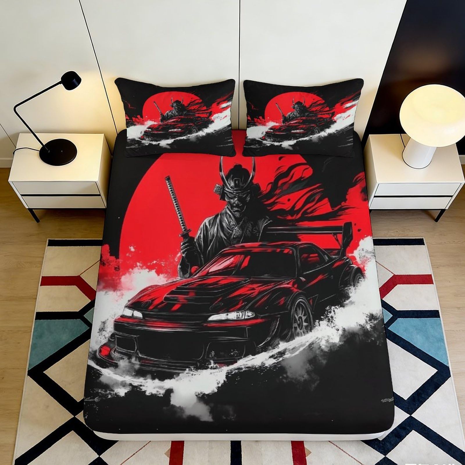 3D Printed Samurai Warrior Fitted Sheet Microfiber Red Sunset Sports Car Mattress Cover for Bedroom Dorm Decor 140x200x25cm