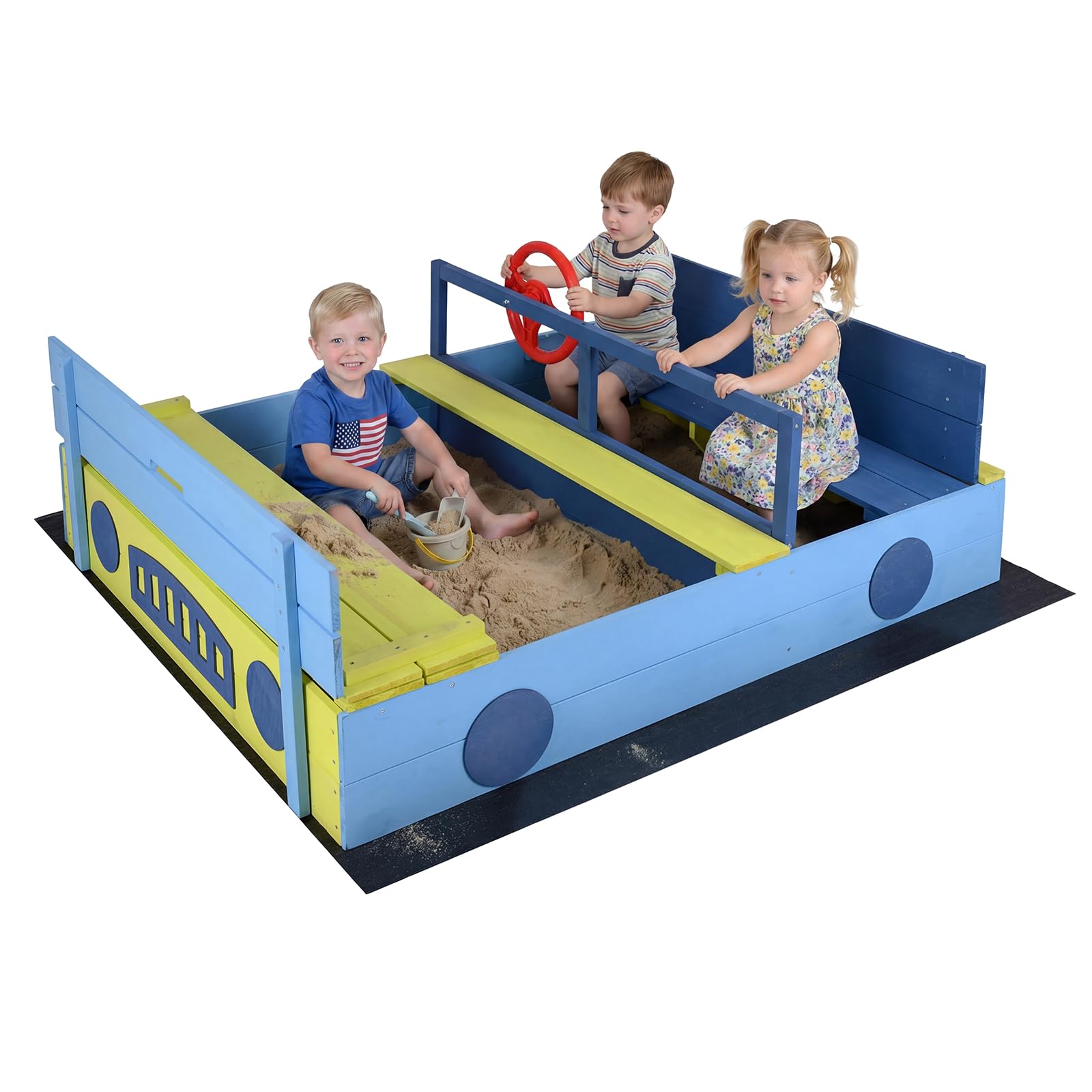 HOMASIS Sandkasten mit Deckel, Holz Kindersandkasten im Auto-Design mit Lenkrad, Sandkiste mit klappbarer Sitzbank für 2 Kinder, Sandbox mit Vliesboden, für Garten & Terrasse, 118 x 100 x 40 cm