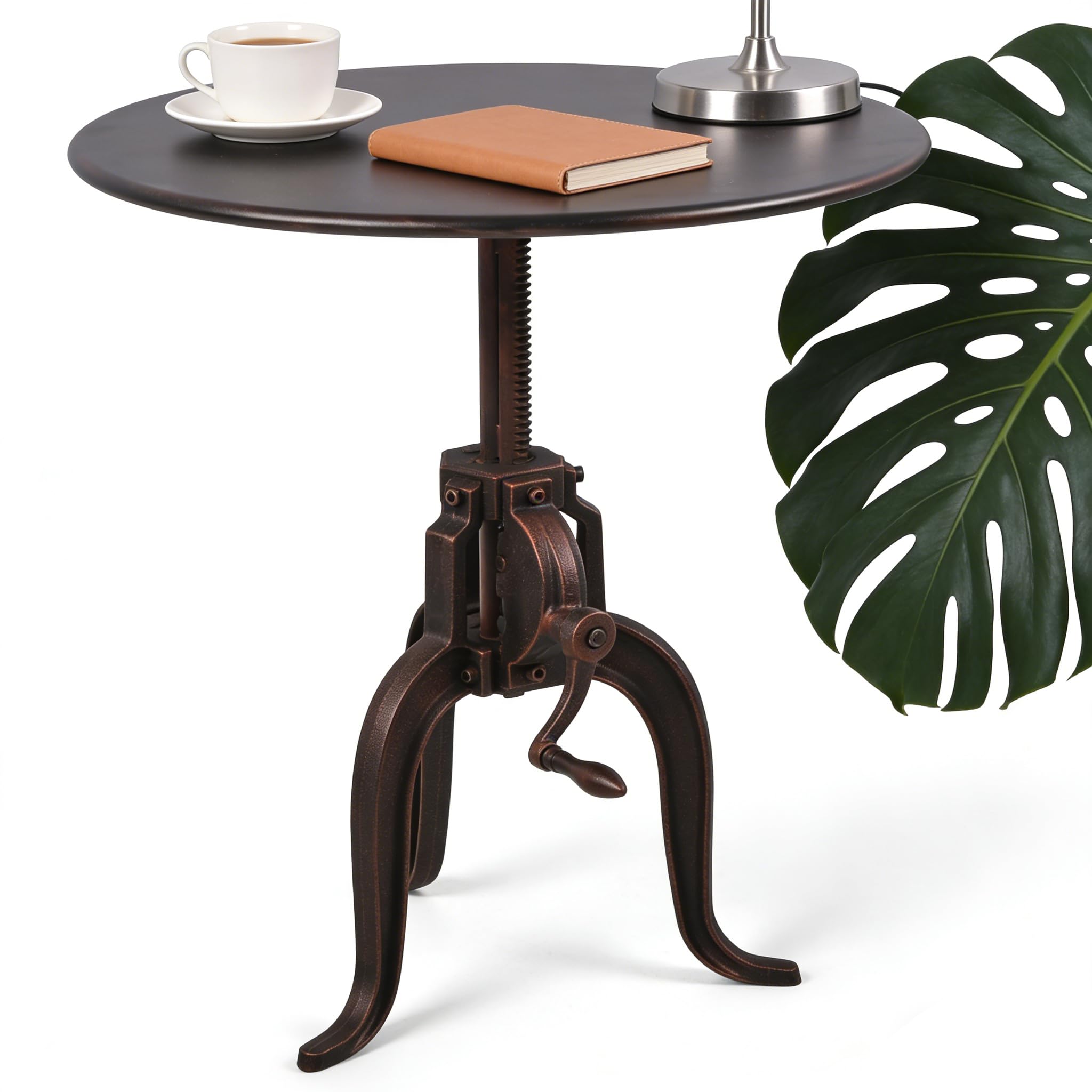 Vintage Industrial Crank Table with Mechanical Inspired Hand - Accent Side Coffee End Table for Home, Café, Bistro, Pub, Bar or Dining, Round Swivel
