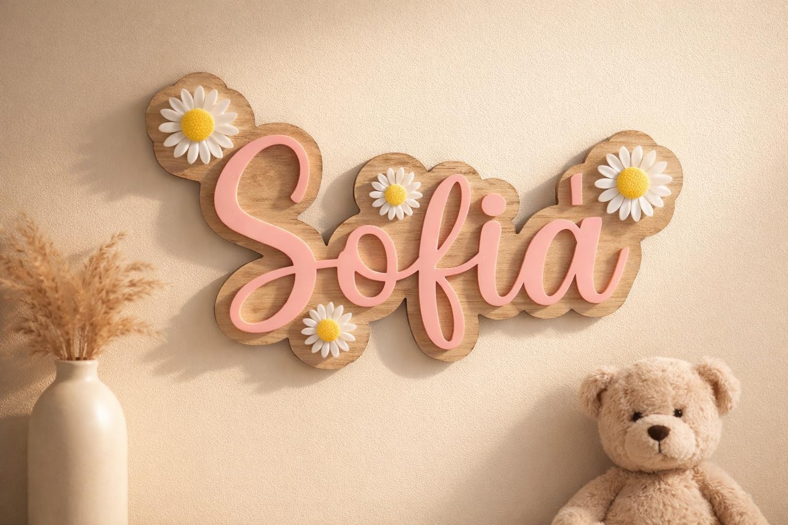 RecontraMago Cartel Nombre Personalizado con Flores – Decoración Habitación Bebé Niña – Letrero Madera Natural y Acrílico 3D – Regalo Recién Nacido Original Estilo Boho Premium (2)