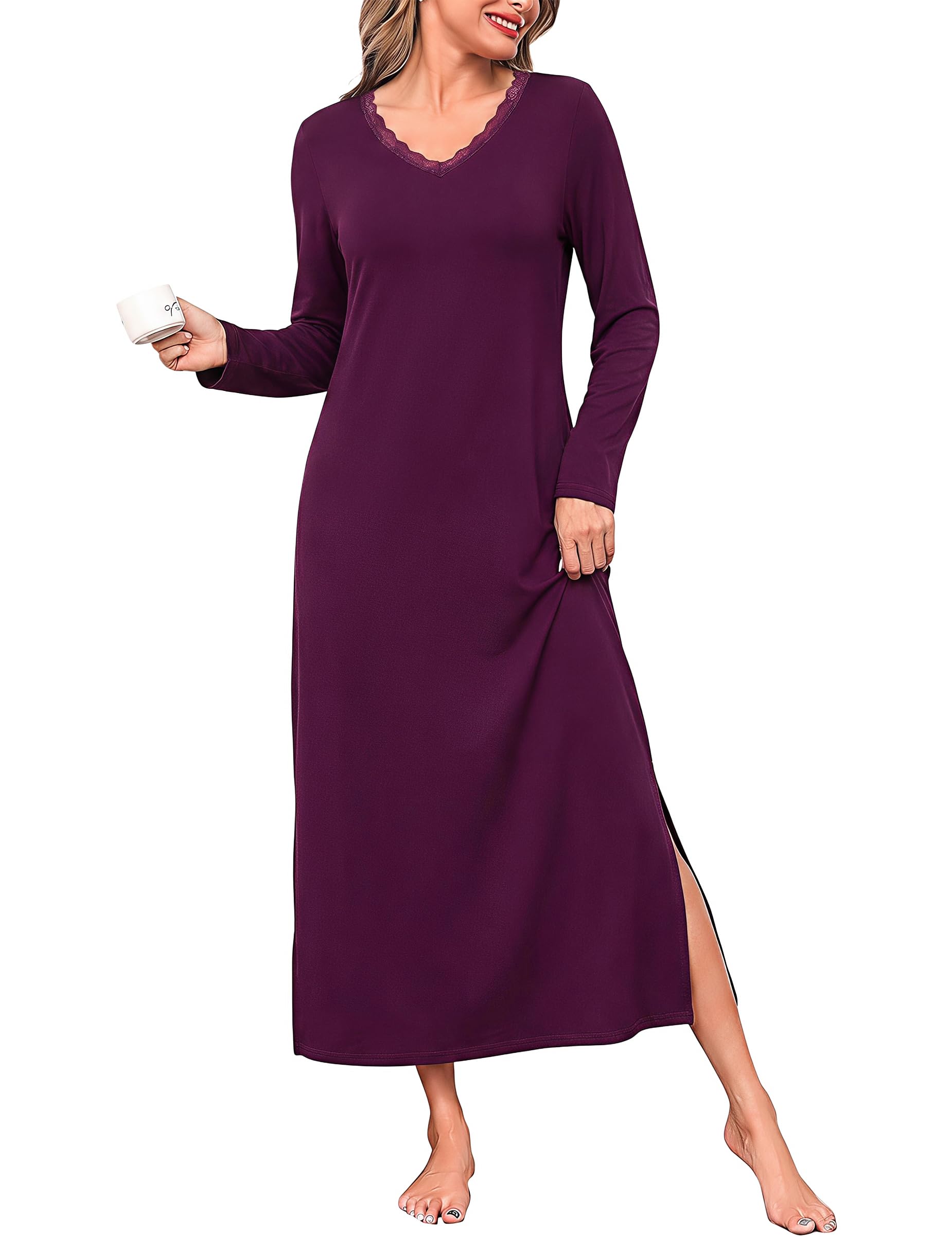 Litherday Nachthemd Damen Langarm Nachtkleid Lang Schlafshirt V-Ausschnitt | Schlafkleid mit Spitze,Winter Sexy Nachtwäsche Frauen,Nachthemden für Damen Weich und Leicht