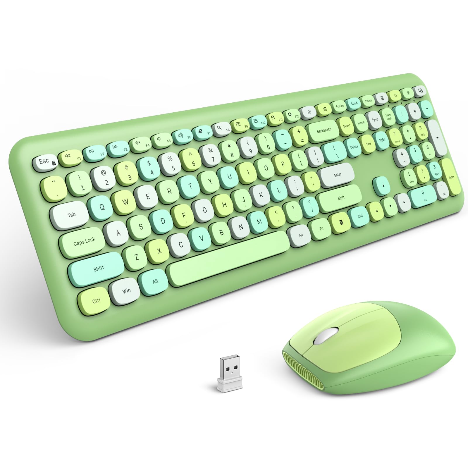 Wireless Keyboard and Mouse Combo, Cute Colorful Keyboard Mouse Wireless 2.4G USB Dongle Plug and Play for PC, Laptop, Computer (Green)