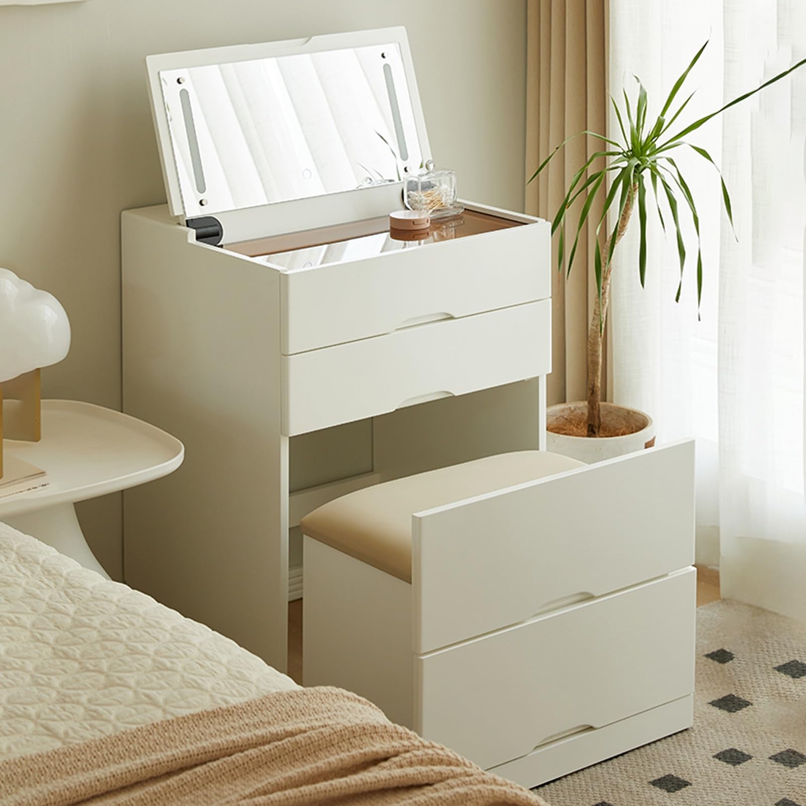 asdchZen White Makeup Vanity Table Set With Flip Top Mirror, Storage Drawers, Cushioned Stool, Space-Saving Dressing Table For Bedroom, 48Cm/18.8In, Stylish & Functional,White-48cm/18.8in