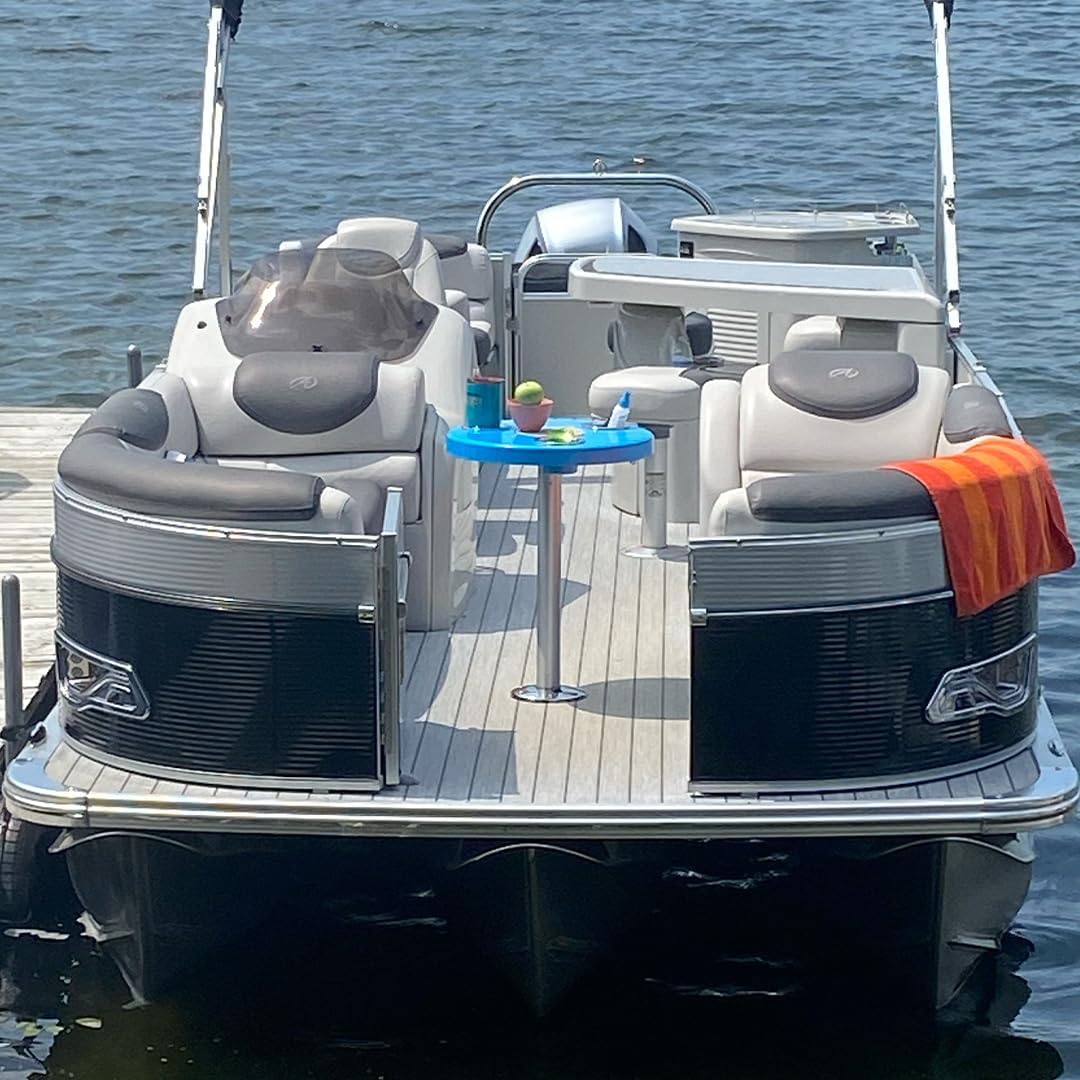 Manufacturers' Select ITC Round Boat Table w/Cypress Table Leg for Pontoon, Dock, or Deck Boat – Fun, Bright Colored Tabletop with 3 Extra-Large Drink Holders (Aqua Blue Table w/Silver Leg)