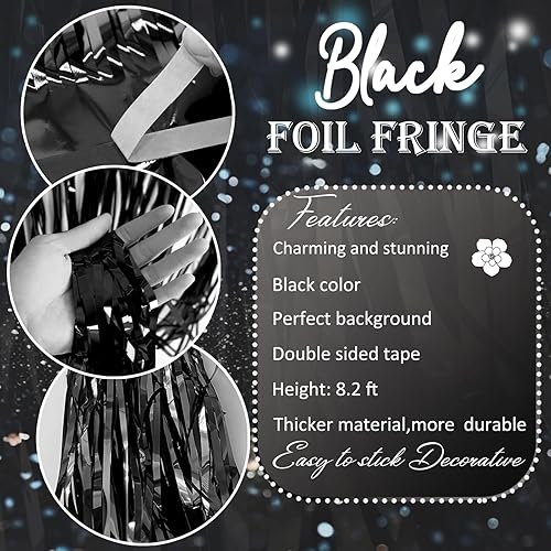 Miniatura 7 de Paquete de 3 cortinas negras con flecos de papel de aluminio para decoración de fiesta de 3.3 x 8.2 pies, telón de fondo con borlas de oropel para