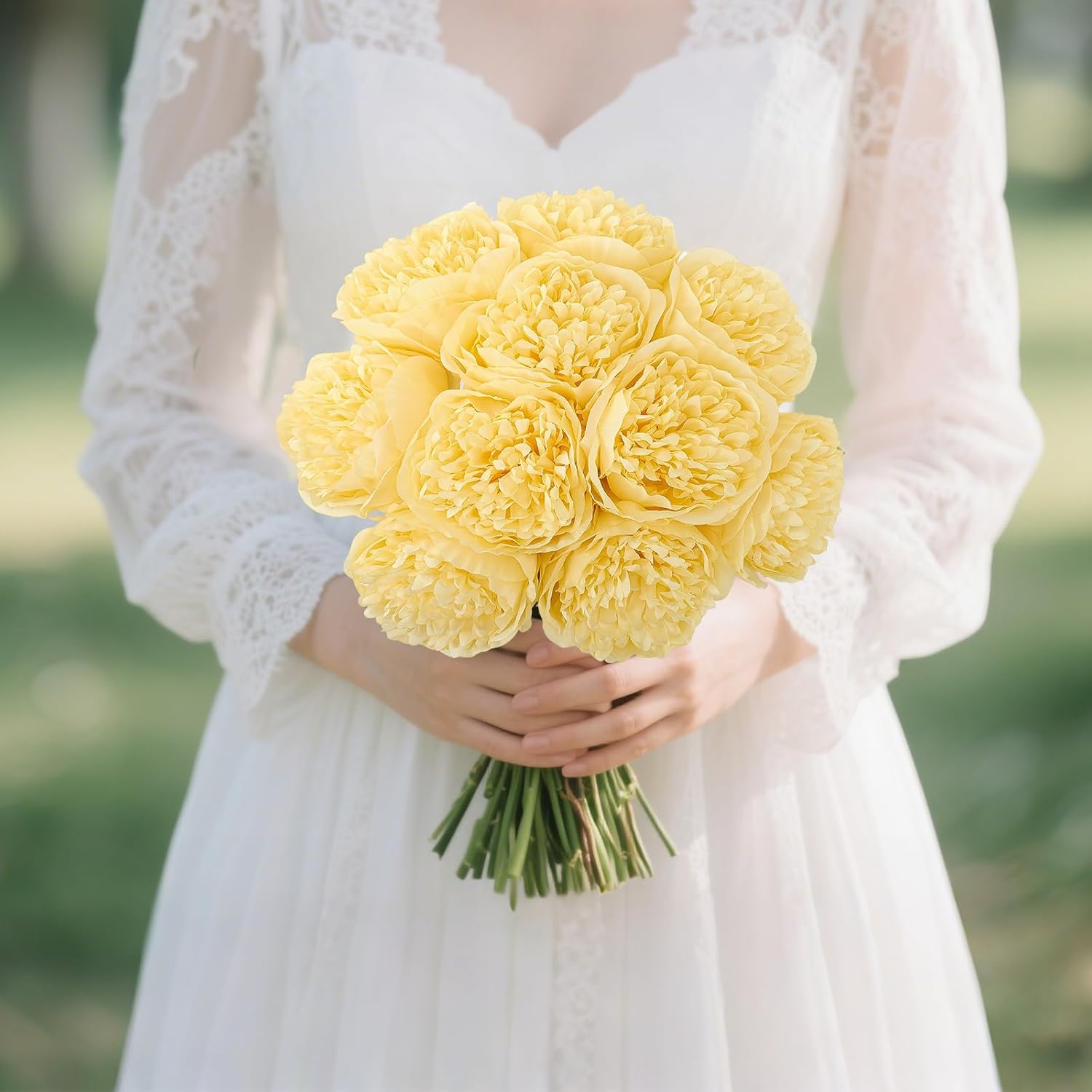 U'Artlines 10 Heads Artificial Peony Silk Flower Leaf Home Office Wedding Party Festival Bar Decor (Yellow)