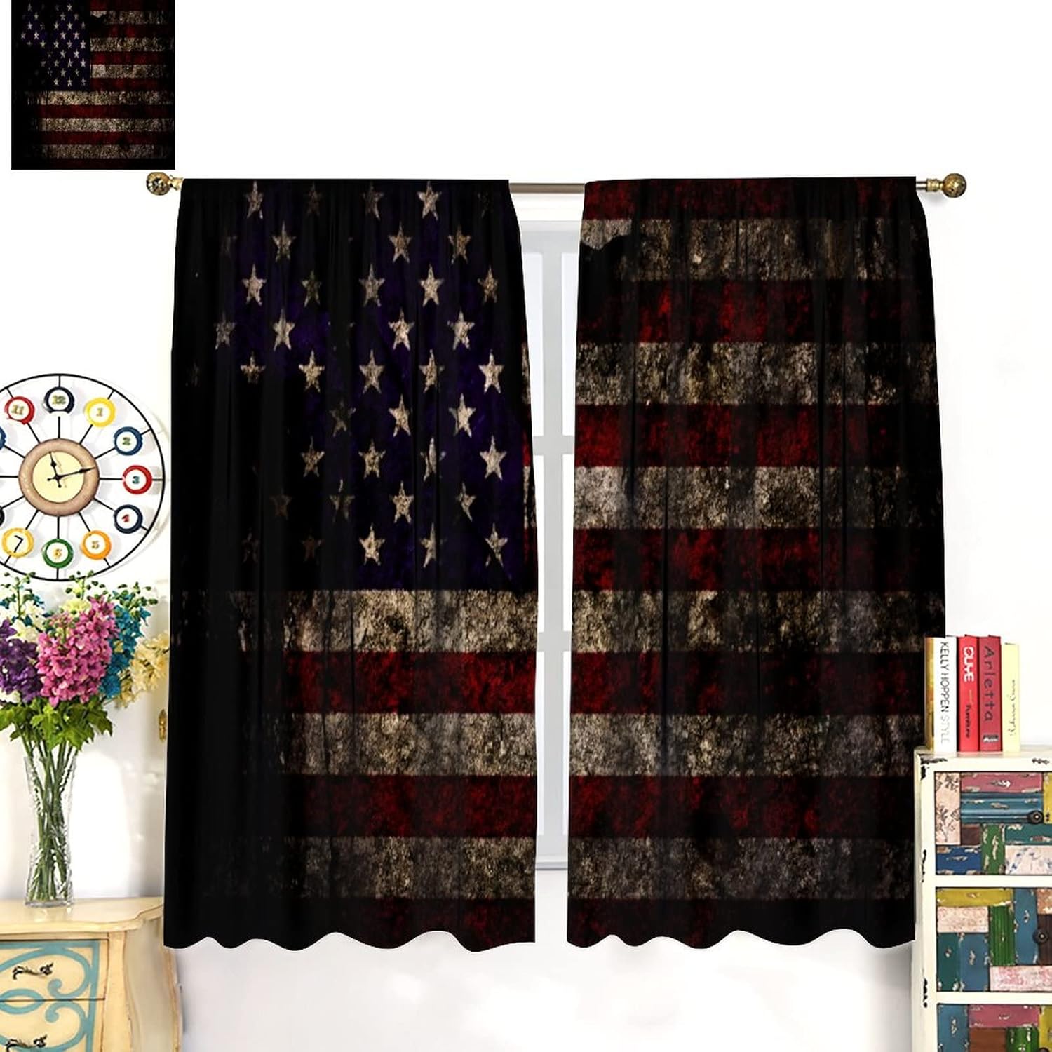 American Flag Blackout Curtain Vintage American Flag Window Curtain Sunlight Filtering Drapes Rod Pocket Dining Room Bedroom Living Room Cafe Kitchen 2 Panels 42x63 in