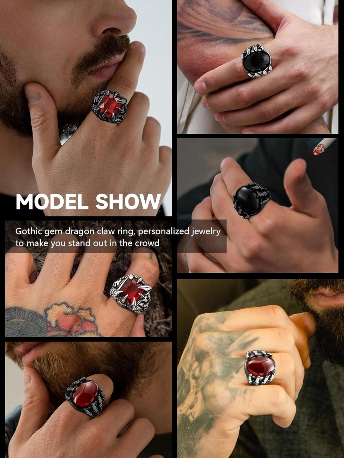 Men's Stainless Steel Dragon Claw Ring - Gothic Biker Style with Black/18K Gold Finish, Red/Black Gemstone, Crystal Stone Signet Ring Punk Jewelry, Size 7-14, Includes Gift Box - Image 2