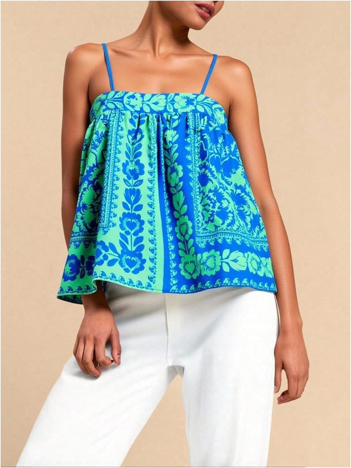 Women's Boho Babydoll Camisole Tops Beach Vacation Summer Spaghetti Strap Ruffle Hem Cami Tank Top - Image 4