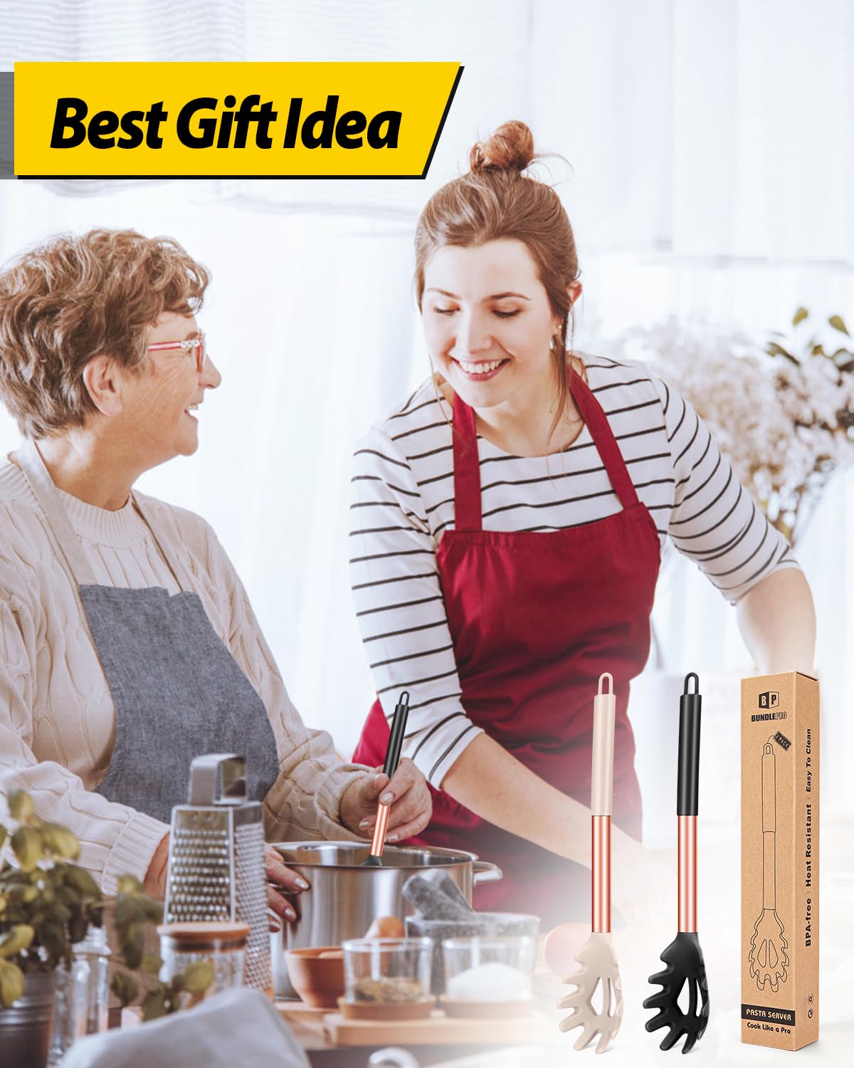 Confezione da 2 forchette per pasta in silicone, resistenti al calore, senza BPA, ottimi strumenti di cottura (FB-109-RG-BK)