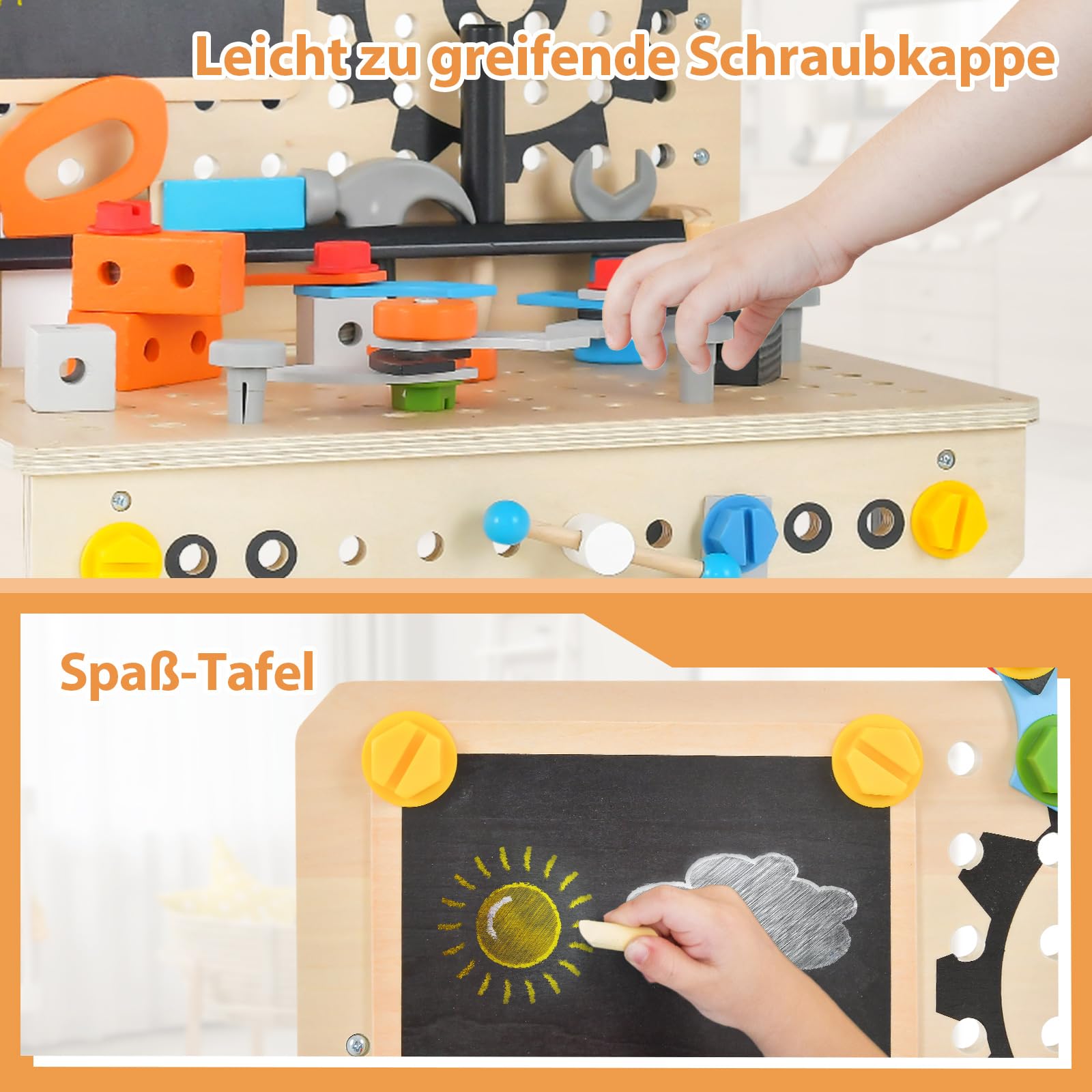 COSTWAY Werkzeugbank für Kinder, Werkbank Holz mit Tafel, hängendem Werkzeugständer & Zubehör, Spielzeug-Werkbank Werkstatt für Kinder ab 3 Jahren (Natur)